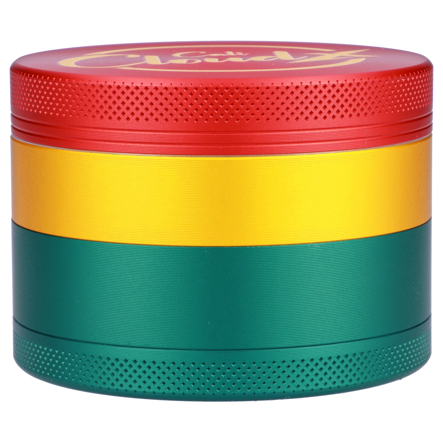 A close-up, angled view of the Cali Cloud X 63mm 3-Stage Grinder showcasing its textured, metallic finish. A close-up, angled view of the Cali Cloud X 63mm 3-Stage Grinder showcasing its textured, metallic finish.