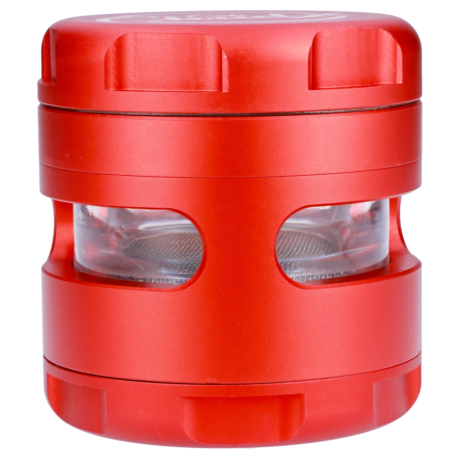 Front view of the Cali Cloud X 63mm 3-Stage Glass Window Grinder, showing a silver interior visible through its clear window. Front view of the Cali Cloud X 63mm 3-Stage Glass Window Grinder, showing a silver interior visible through its clear window.