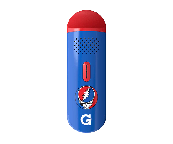 Front view of the Grateful Dead x G Pen Dash Dry Herb Vaporizer, displaying a blue pen-shaped device with a colorful logo. Front view of the Grateful Dead x G Pen Dash Dry Herb Vaporizer, displaying a blue pen-shaped device with a colorful logo.