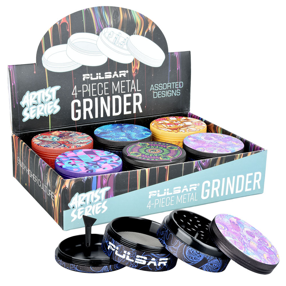 A close-up of the Pulsar Artist Series Grinder with side art displayed as a 6-piece set on a black background. A close-up of the Pulsar Artist Series Grinder with side art displayed as a 6-piece set on a black background.