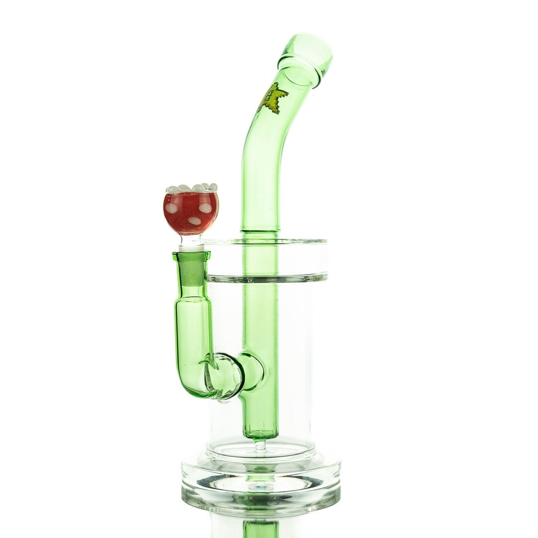 The Gaming Bong XL is shown in a front view, featuring a clear glass construction and a unique, curved neck design. The Gaming Bong XL is shown in a front view, featuring a clear glass construction and a unique, curved neck design.