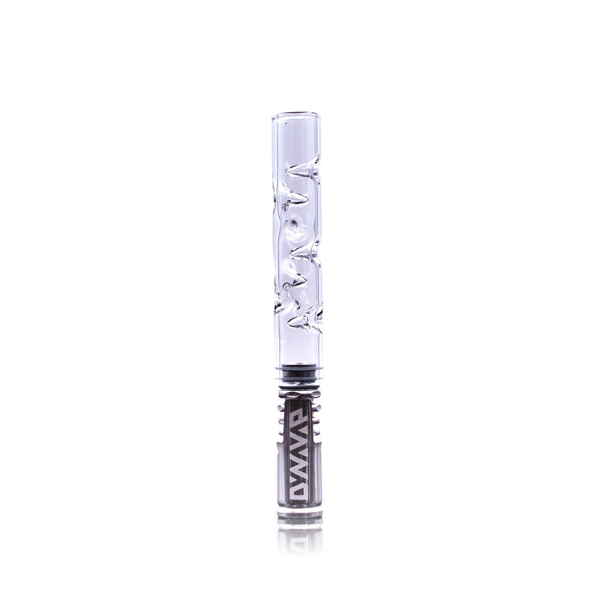 A close-up, angled view of the DynaVap Glass Cooling Stem, showcasing its clear glass construction and cylindrical shape. A close-up, angled view of the DynaVap Glass Cooling Stem, showcasing its clear glass construction and cylindrical shape.