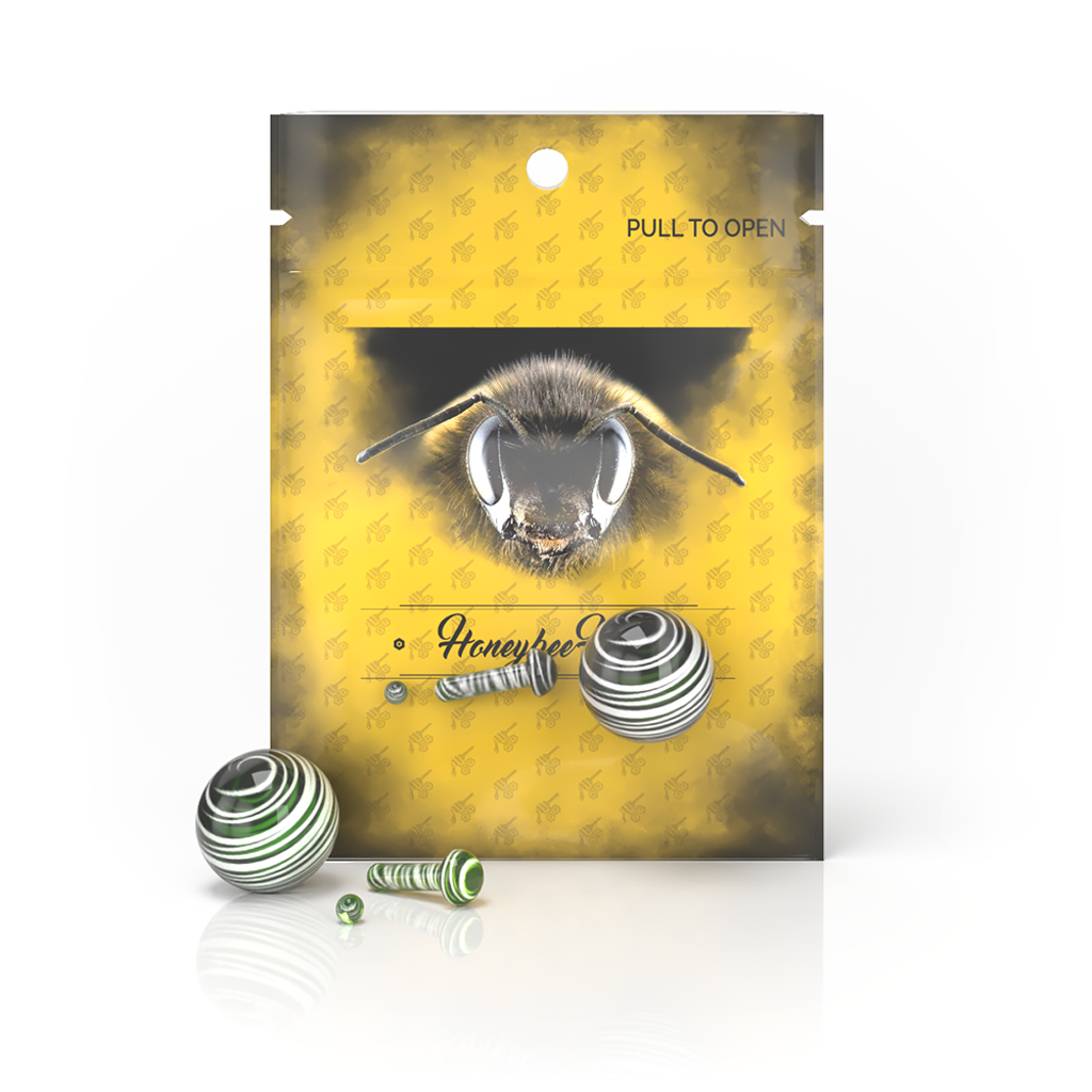 Front view of the Glass Mushroom Pillar Terp Set displayed in a clear plastic bag with a tear notch. Front view of the Glass Mushroom Pillar Terp Set displayed in a clear plastic bag with a tear notch.