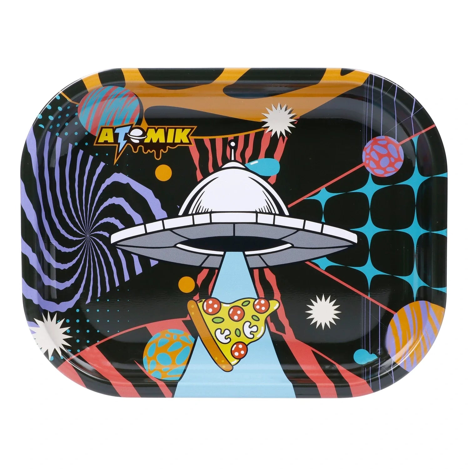 The Rolling Tray - Small displays a swirling, colorful design with starbursts around its edges, viewed from a slight angle. The Rolling Tray - Small displays a swirling, colorful design with starbursts around its edges, viewed from a slight angle.