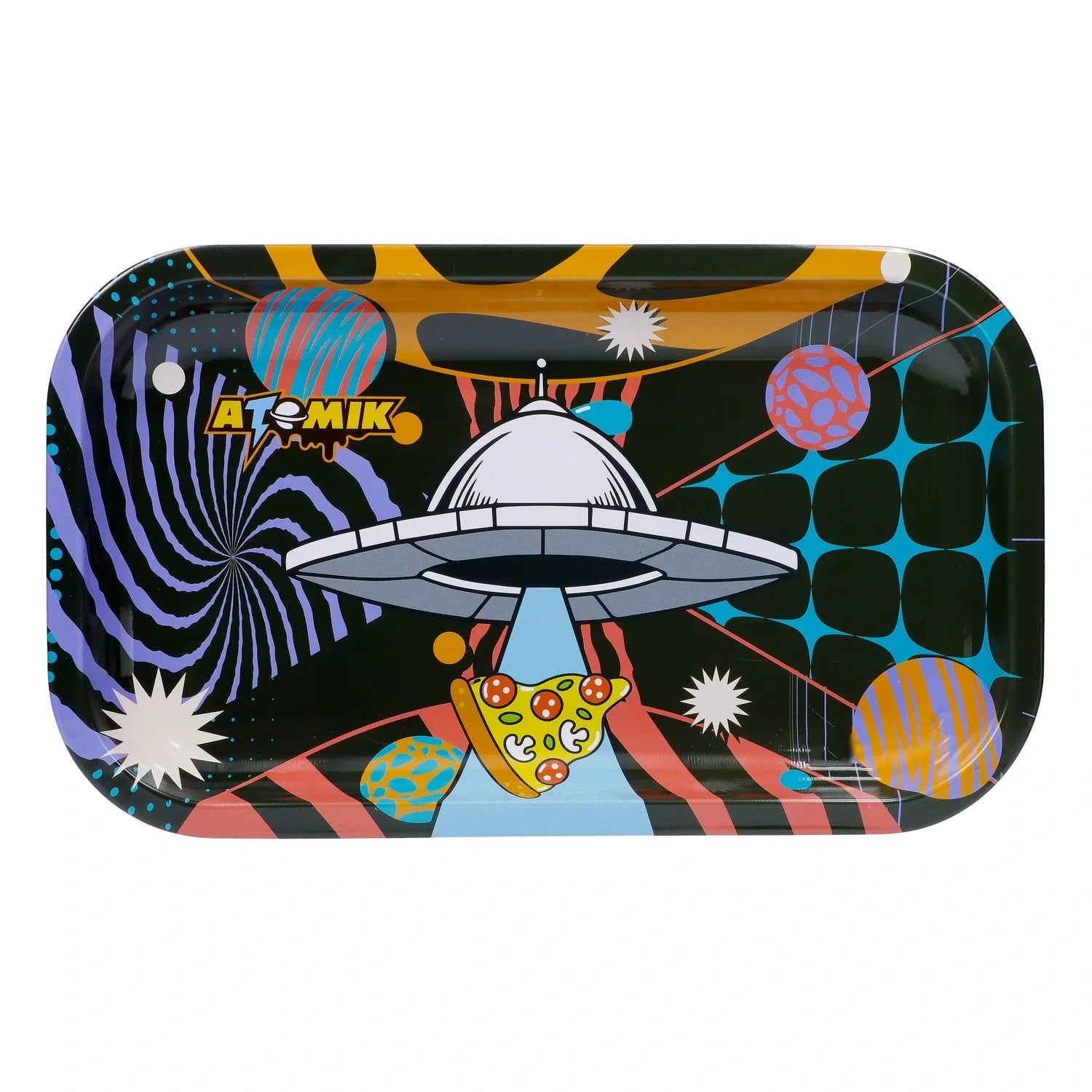 The medium Rolling Tray from Atomic displays a swirling, colorful space design with bright, abstract patterns. The medium Rolling Tray from Atomic displays a swirling, colorful space design with bright, abstract patterns.