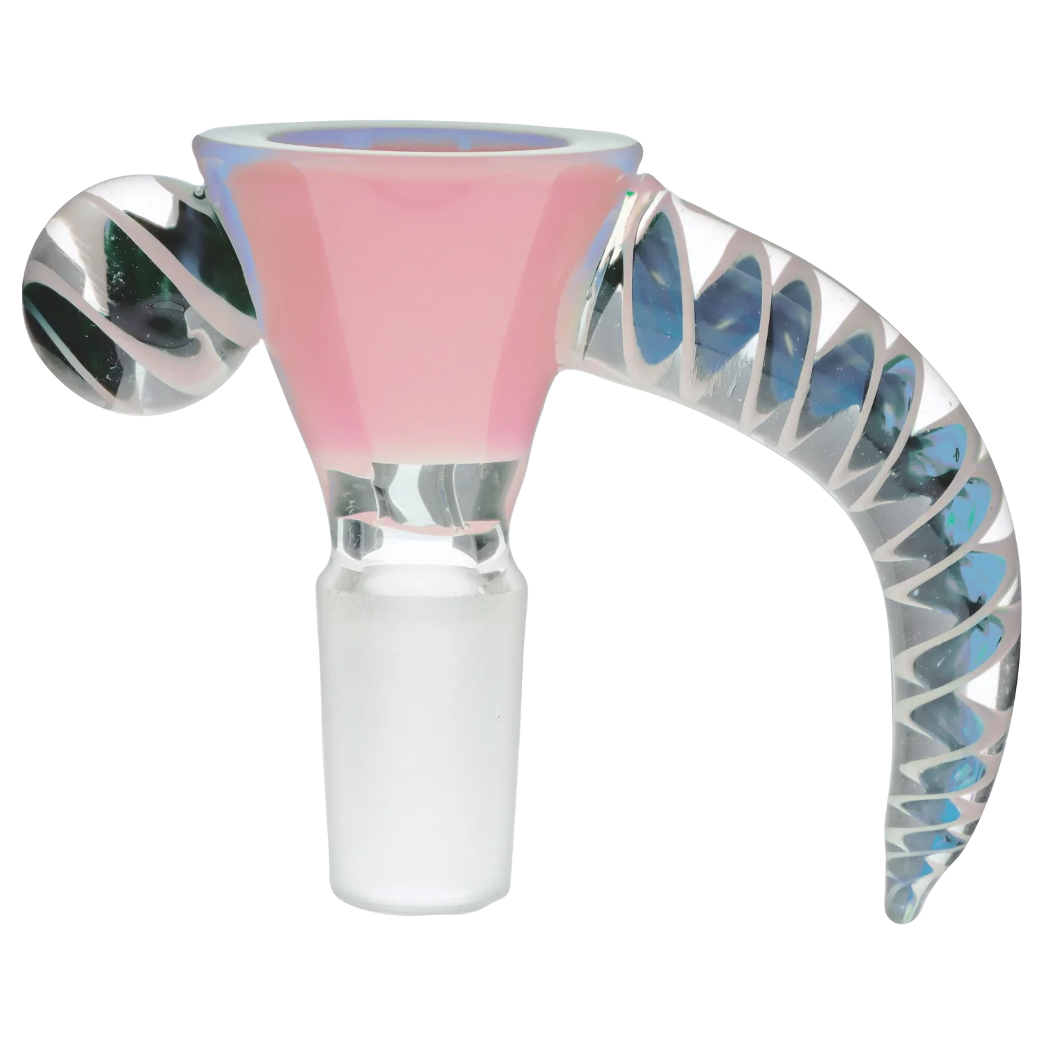 A close-up, angled view of the 14mm Horn Herb Bowl, showcasing its clear glass construction and horn-shaped design. A close-up, angled view of the 14mm Horn Herb Bowl, showcasing its clear glass construction and horn-shaped design.