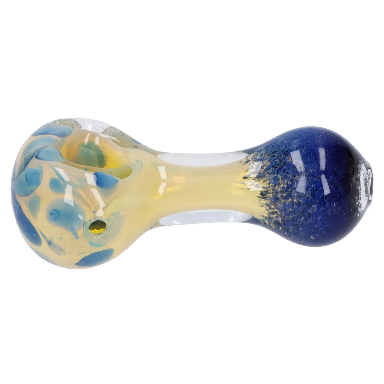 Front view of the 4-inch Gold and Frit Spoon Pipe, featuring a colorful frit pattern across the glass bowl. Front view of the 4-inch Gold and Frit Spoon Pipe, featuring a colorful frit pattern across the glass bowl.