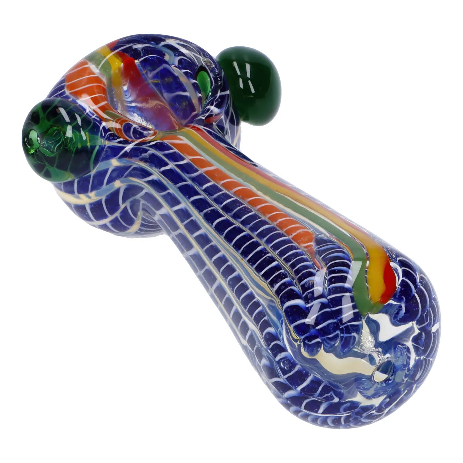 A close-up shows the 4.5-inch Twisted Fumed Pipe with swirling blue and green glass patterns. A close-up shows the 4.5-inch Twisted Fumed Pipe with swirling blue and green glass patterns.