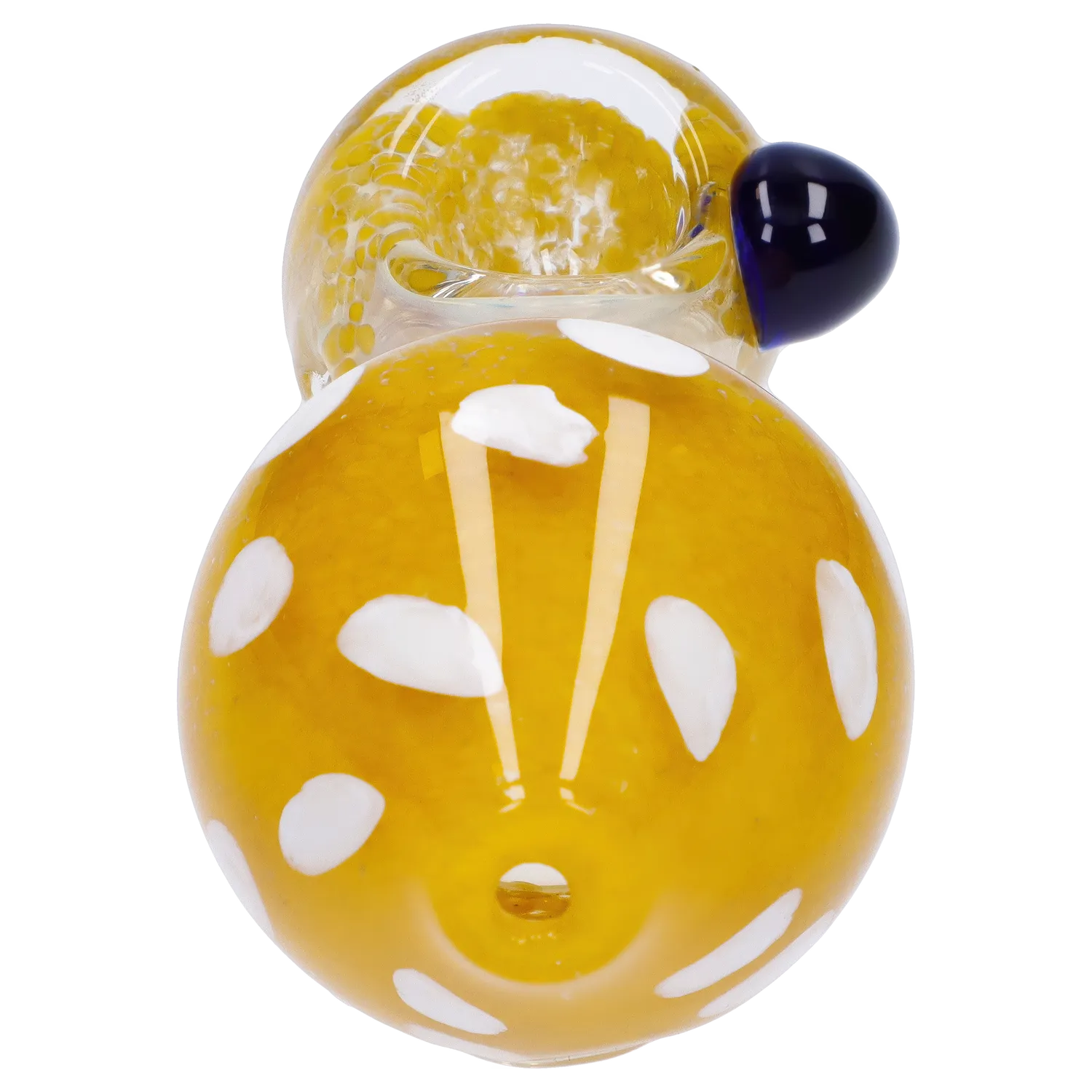 A close-up, angled view of the Mushroom Frit Spoon Pipe, showcasing its colorful glass design. A close-up, angled view of the Mushroom Frit Spoon Pipe, showcasing its colorful glass design.