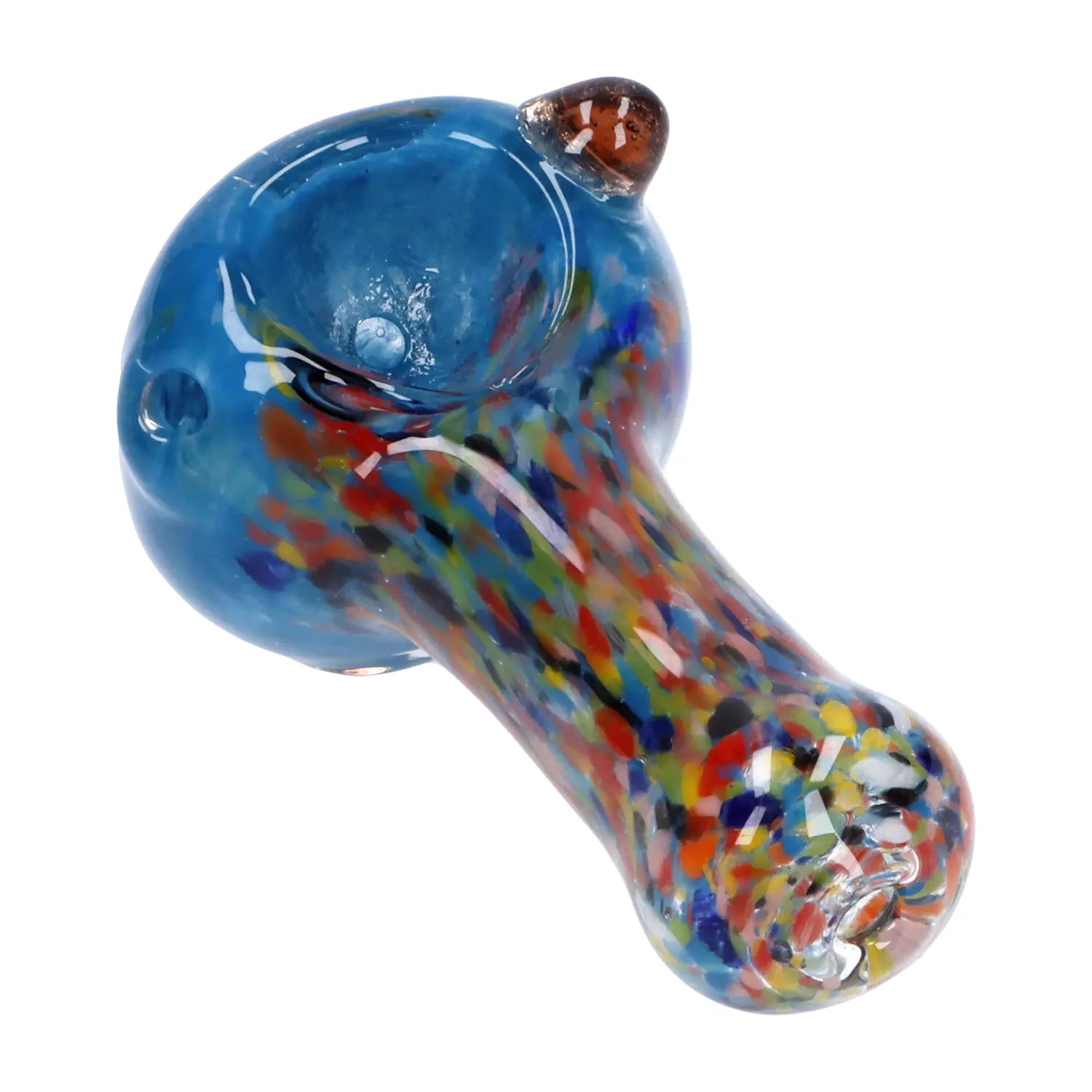A close-up, angled view of the 2.5-inch Multi Frit Pipe, showing a colorful, speckled glass design. A close-up, angled view of the 2.5-inch Multi Frit Pipe, showing a colorful, speckled glass design.