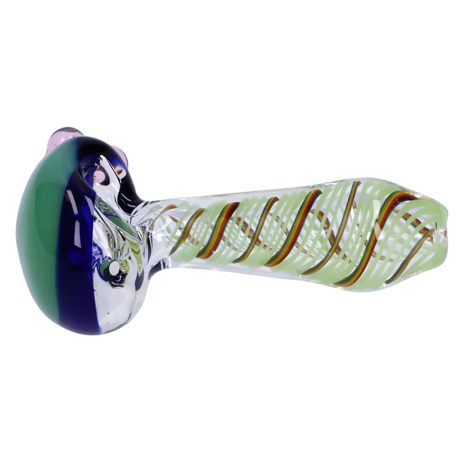 A side view of the 4.5-inch Swirling Double Blown Spoon Pipe, showcasing its swirling glass design and curved bowl. A side view of the 4.5-inch Swirling Double Blown Spoon Pipe, showcasing its swirling glass design and curved bowl.