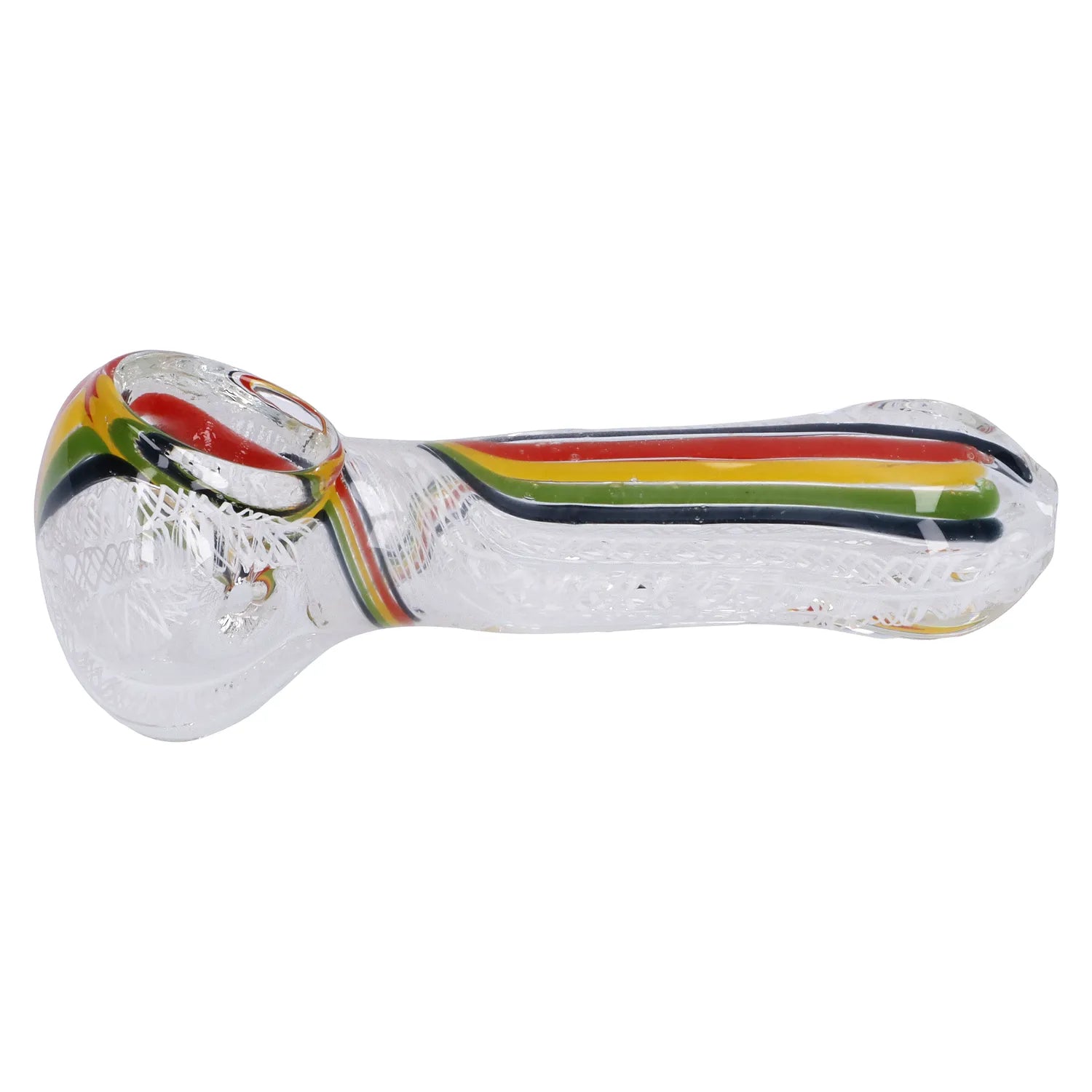 A close-up view of the Twisted Rasta & White Art Pipe, showing the patterned glass design with a white mouthpiece. A close-up view of the Twisted Rasta & White Art Pipe, showing the patterned glass design with a white mouthpiece.