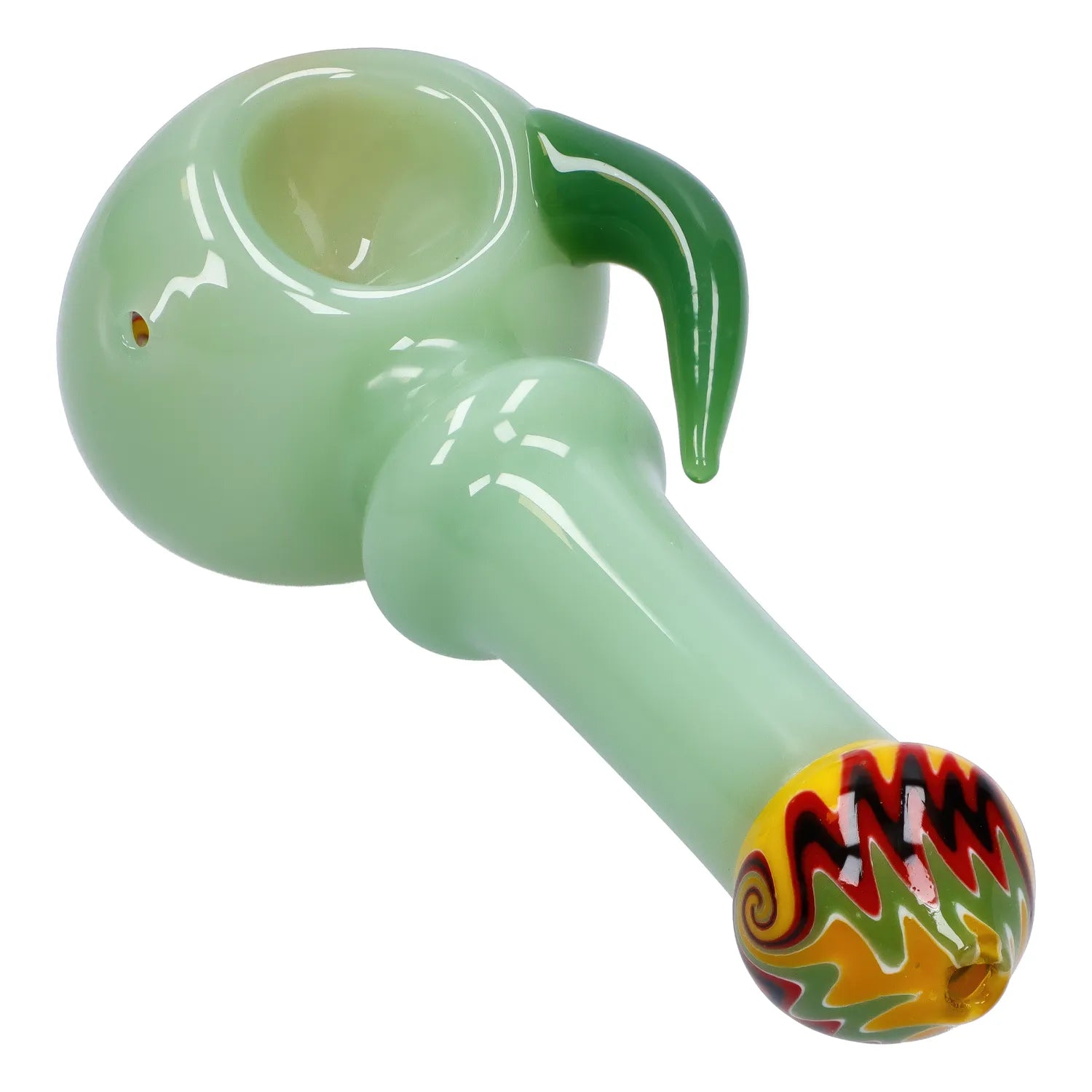 A side view of the 4.5-inch Slime Tube Horn Reversal Art Spoon Pipe, showcasing its curved form and green-tinted glass. A side view of the 4.5-inch Slime Tube Horn Reversal Art Spoon Pipe, showcasing its curved form and green-tinted glass.