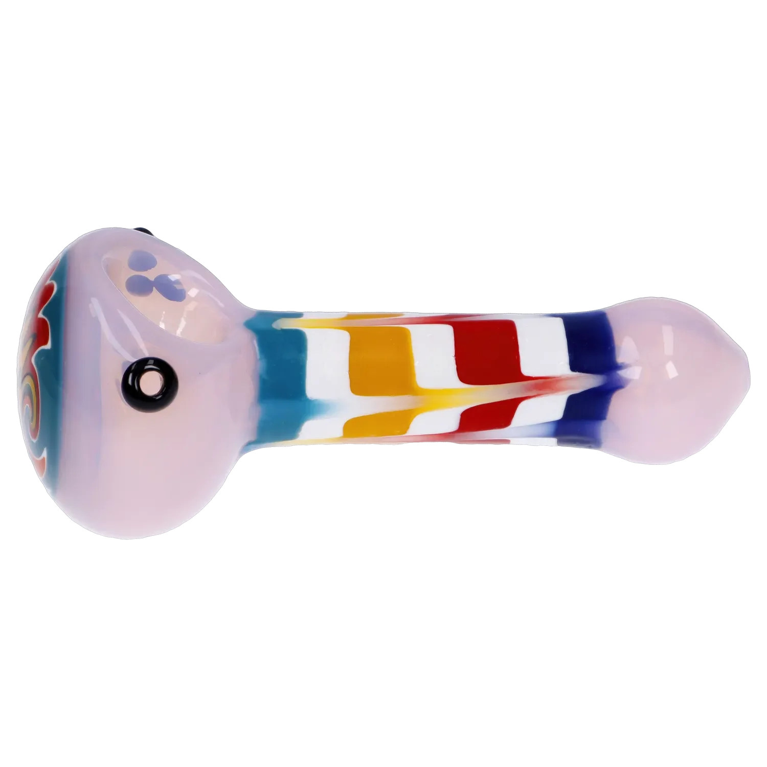 A side view of the 4.5-inch Wig Wag Reversal Spoon Pipe, showcasing its colorful glass design and curved bowl. A side view of the 4.5-inch Wig Wag Reversal Spoon Pipe, showcasing its colorful glass design and curved bowl.