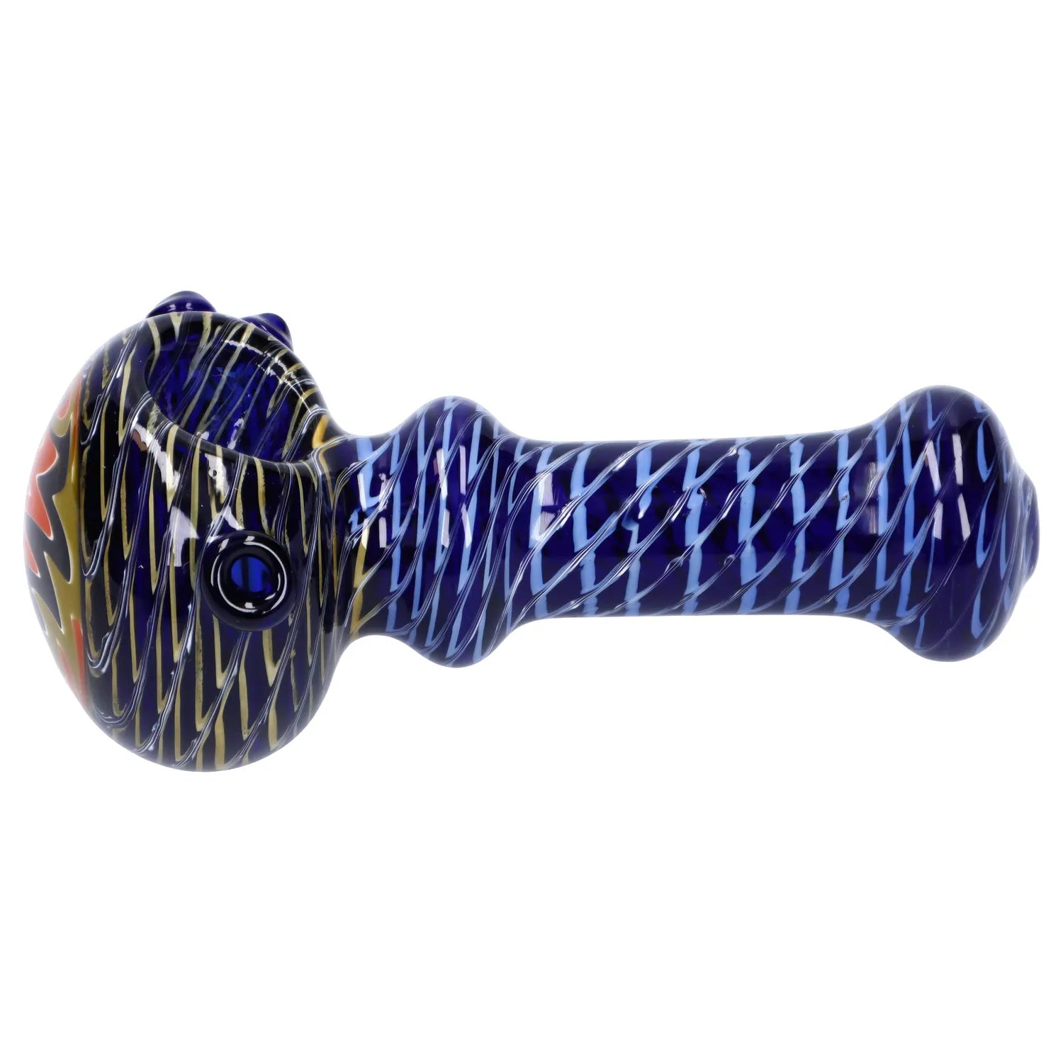 A side view of the 4.5-inch Net Reversal Spoon Pipe with a colorful, patterned glass design. A side view of the 4.5-inch Net Reversal Spoon Pipe with a colorful, patterned glass design.