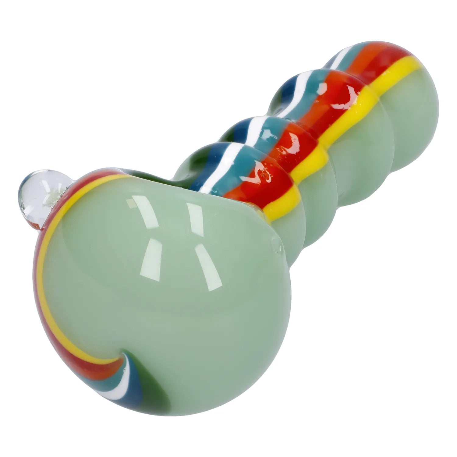 A diagonally angled view of the 4.5-inch Slime Rasta Rainbow Spoon Pipe, showcasing its colorful glass construction. A diagonally angled view of the 4.5-inch Slime Rasta Rainbow Spoon Pipe, showcasing its colorful glass construction.