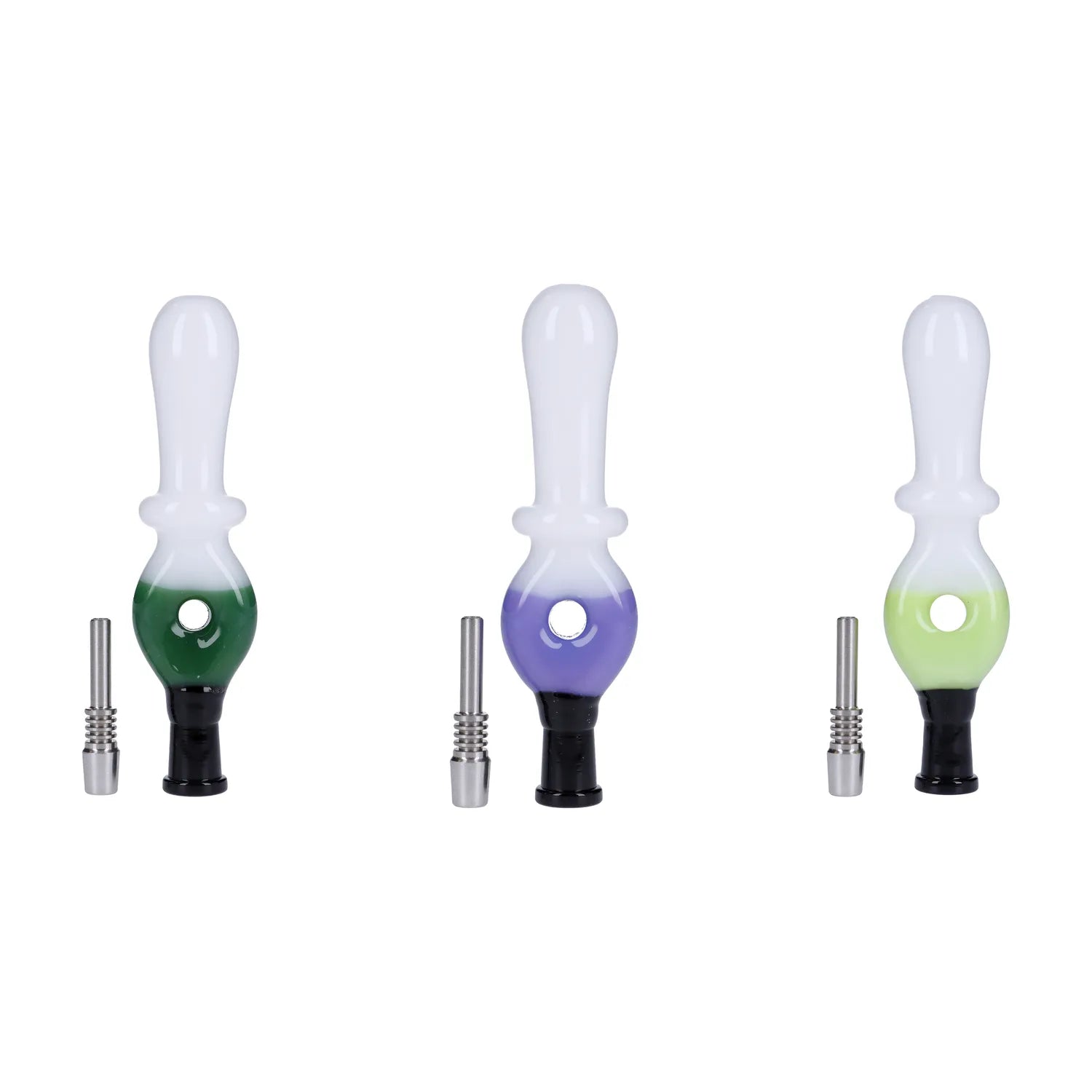 Front view of the Honey Straw, a clear glass straw with a black tip, isolated on a white background. Front view of the Honey Straw, a clear glass straw with a black tip, isolated on a white background.