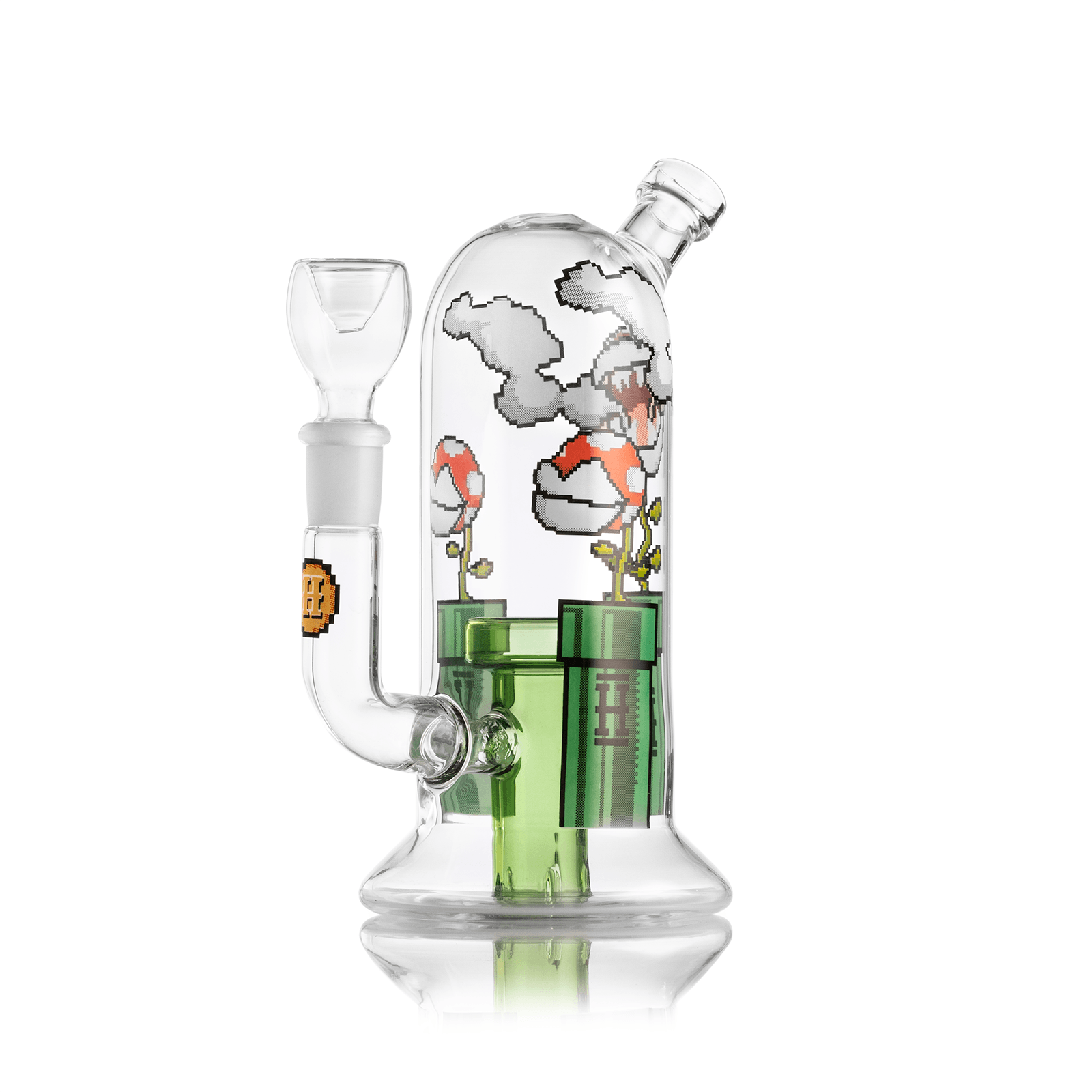 The Gaming Flower Bong is displayed in a bright studio shot, showing the detailed floral design on the clear glass. The Gaming Flower Bong is displayed in a bright studio shot, showing the detailed floral design on the clear glass.