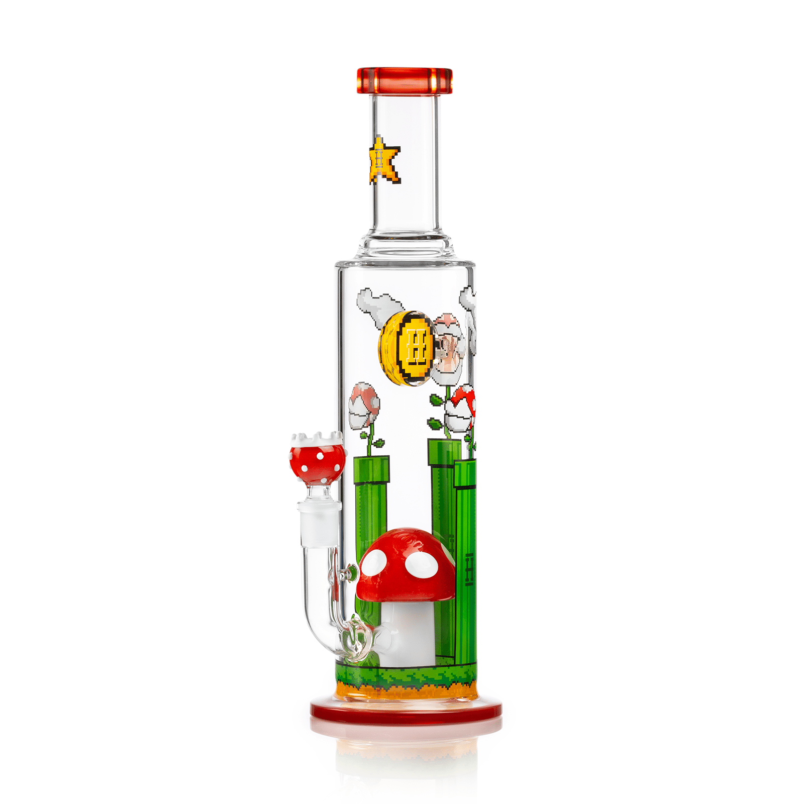 The Gaming Flower XL Bong is shown in a front view, featuring a colorful floral design on clear glass. The Gaming Flower XL Bong is shown in a front view, featuring a colorful floral design on clear glass.