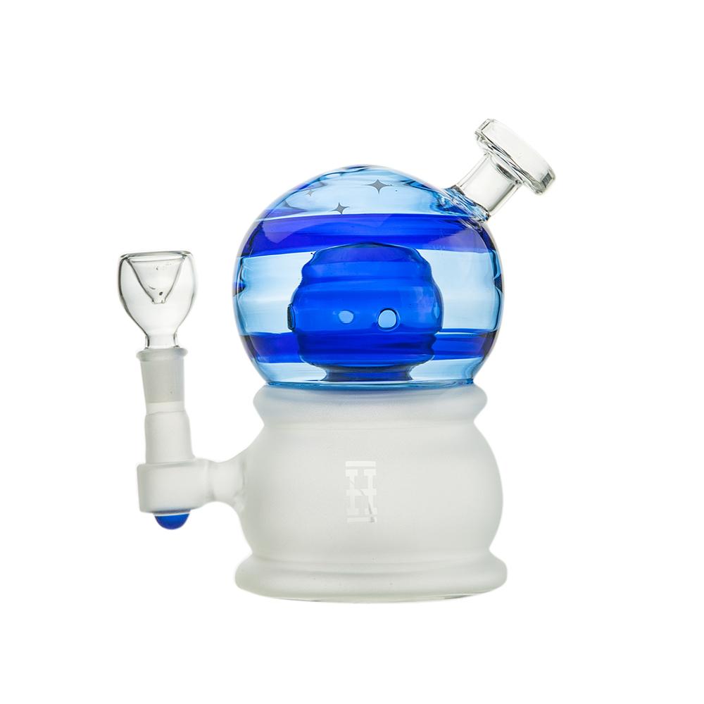 A studio shot of the Crystal Ball XL Rig, featuring a vibrant blue glass sphere with a clear mouthpiece and joint. A studio shot of the Crystal Ball XL Rig, featuring a vibrant blue glass sphere with a clear mouthpiece and joint.