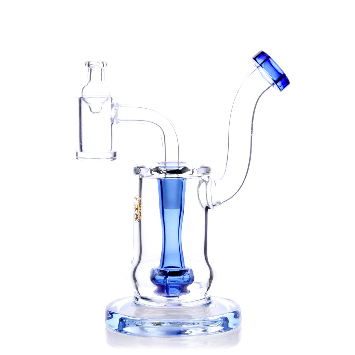 Front view of the HydroBarrel Mini Rig, a compact glass rig with a blue accent and a simple, cylindrical design. Front view of the HydroBarrel Mini Rig, a compact glass rig with a blue accent and a simple, cylindrical design.
