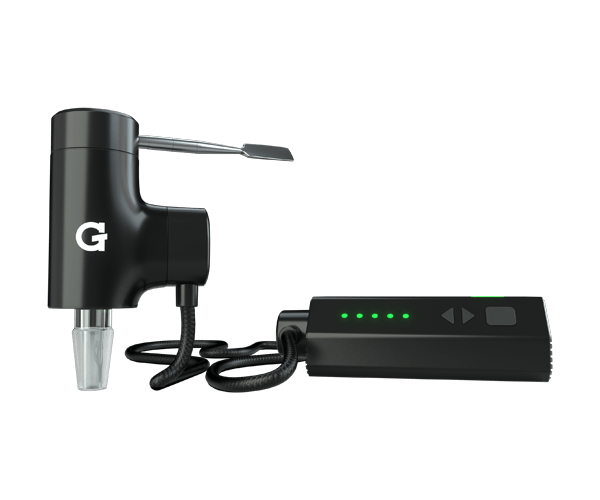 Front view of the G Pen Hyer Vaporizer, a black handheld device with a clear glass tip extending from its side. Front view of the G Pen Hyer Vaporizer, a black handheld device with a clear glass tip extending from its side.