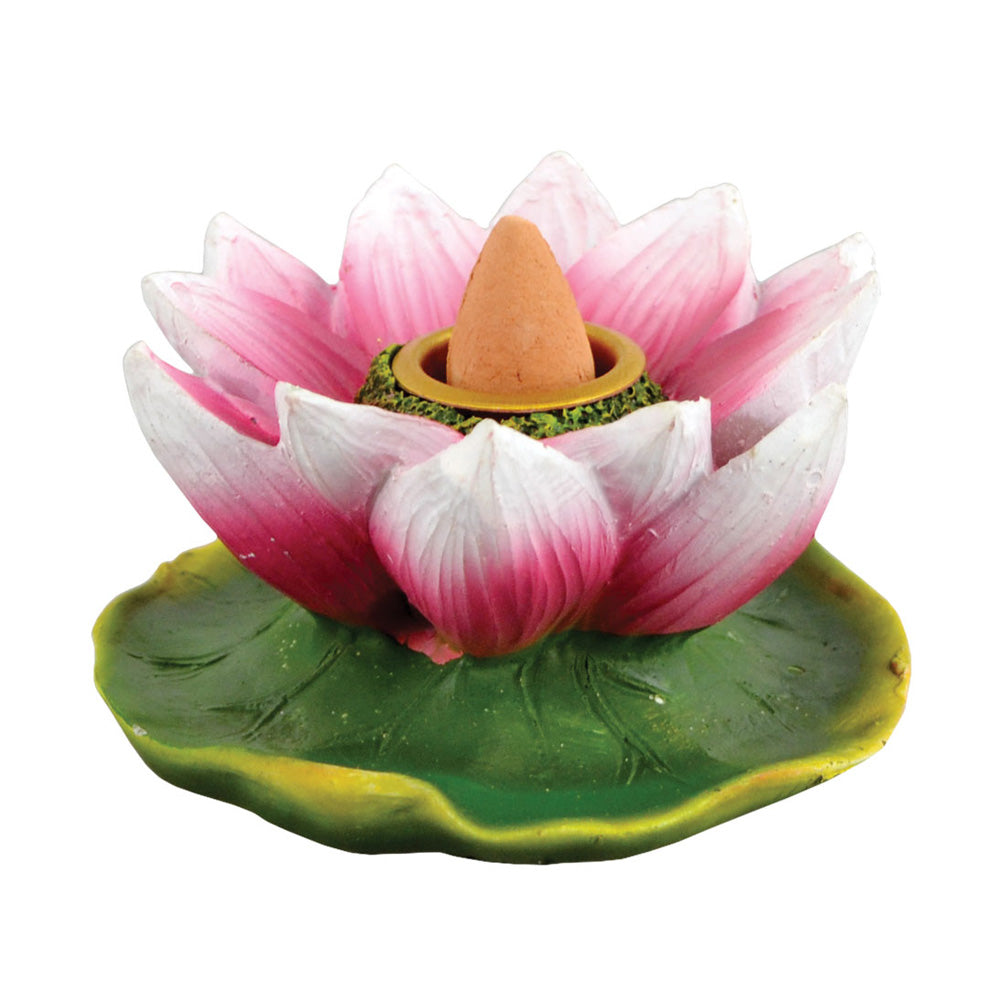 The Lotus Flower Backflow Incense Burner is pictured in a side view, featuring a ceramic flower shape with a smoky plume. The Lotus Flower Backflow Incense Burner is pictured in a side view, featuring a ceramic flower shape with a smoky plume.