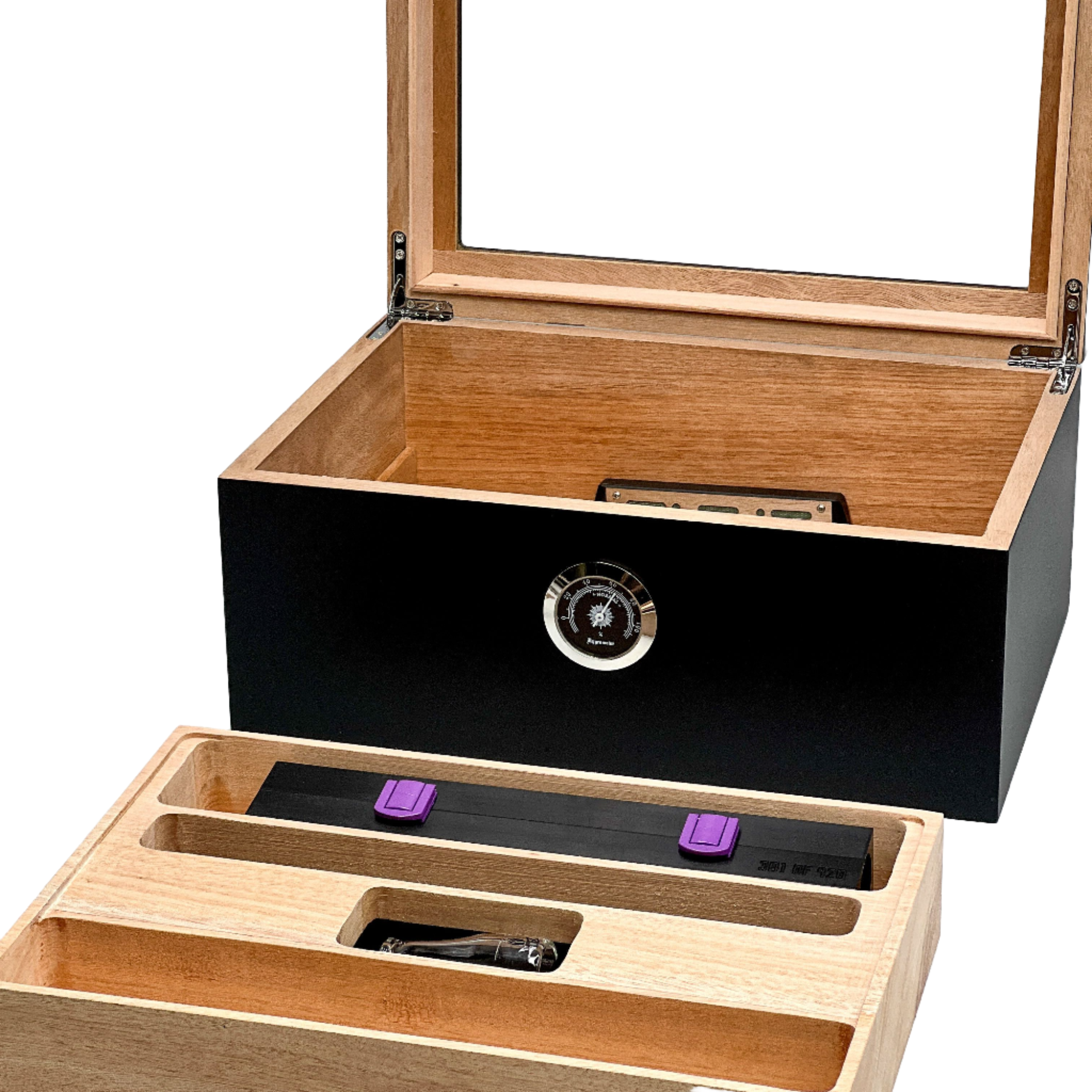 A top-down view of the open Cannamold Kit with Customer Humidor & Wraps, showcasing a wooden interior and included rolling papers. A top-down view of the open Cannamold Kit with Customer Humidor & Wraps, showcasing a wooden interior and included rolling papers.