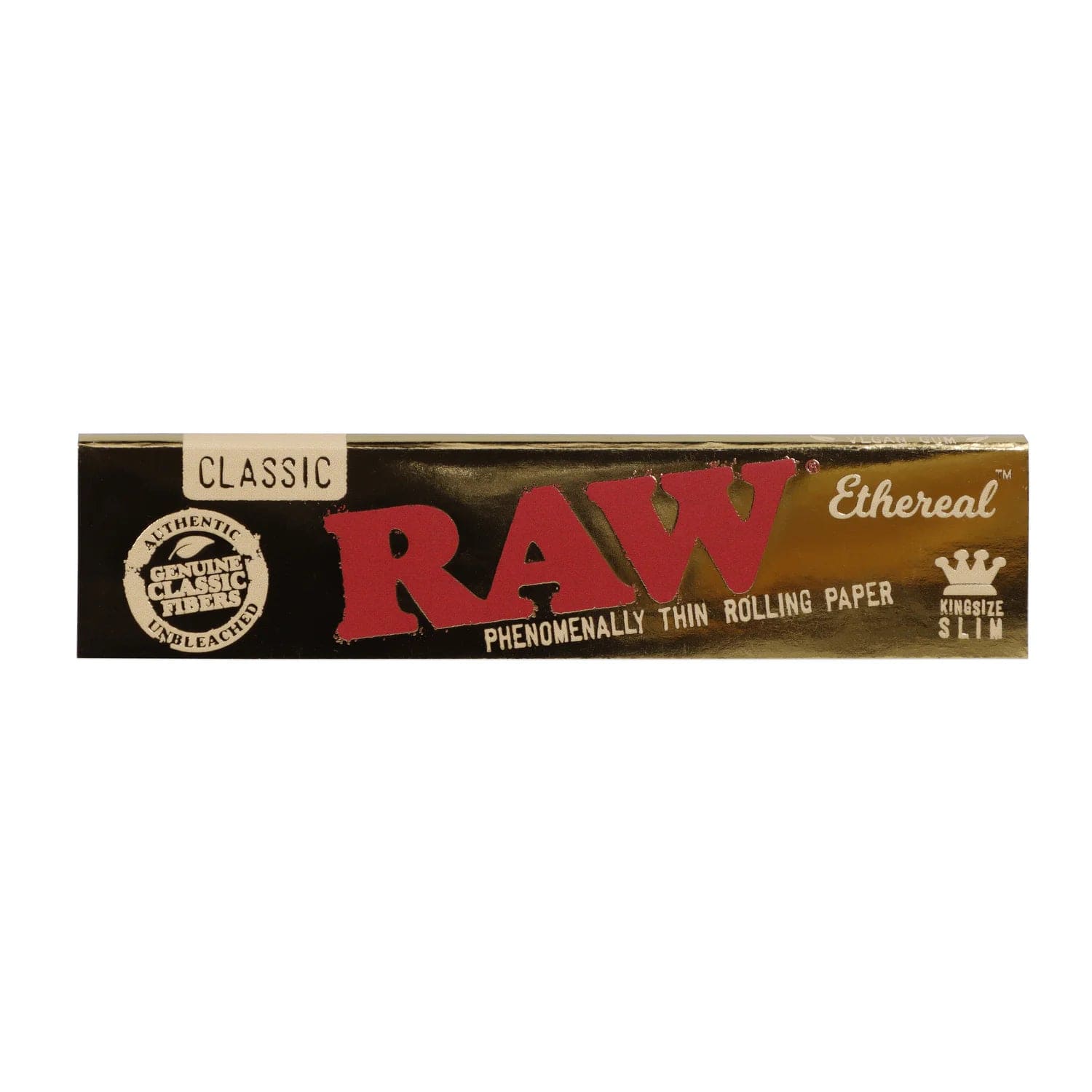 A close-up of Ethereal King Size Slim Rolling Papers packaging with the brand logo prominently displayed on a dark background. A close-up of Ethereal King Size Slim Rolling Papers packaging with the brand logo prominently displayed on a dark background.