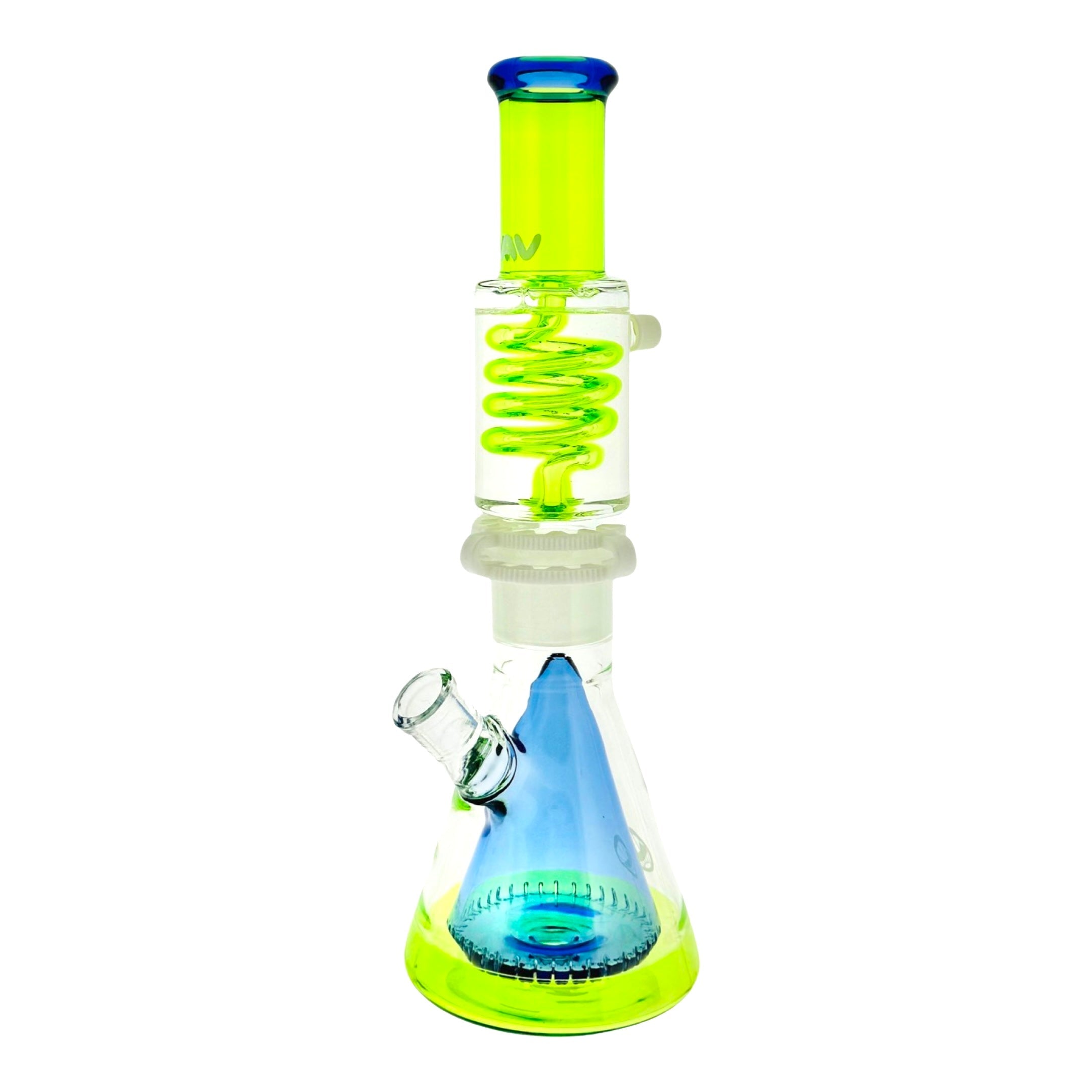 Front view of the Oversized Slitted Pyramid Beaker Freezable Coil System, showcasing the blue-tinted glass and pyramid shape. Front view of the Oversized Slitted Pyramid Beaker Freezable Coil System, showcasing the blue-tinted glass and pyramid shape.