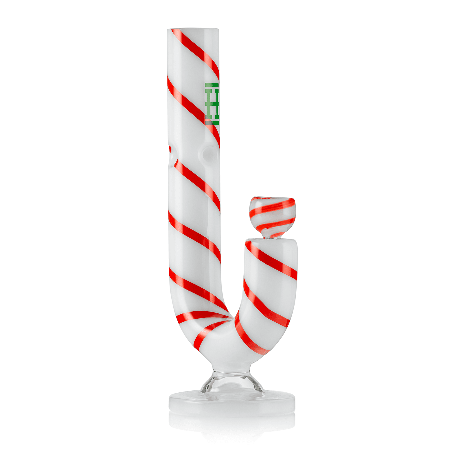 Front view of the Candy Cane XL Bong, a tall, clear glass piece with red striped accents reflecting off its glossy surface. Front view of the Candy Cane XL Bong, a tall, clear glass piece with red striped accents reflecting off its glossy surface.