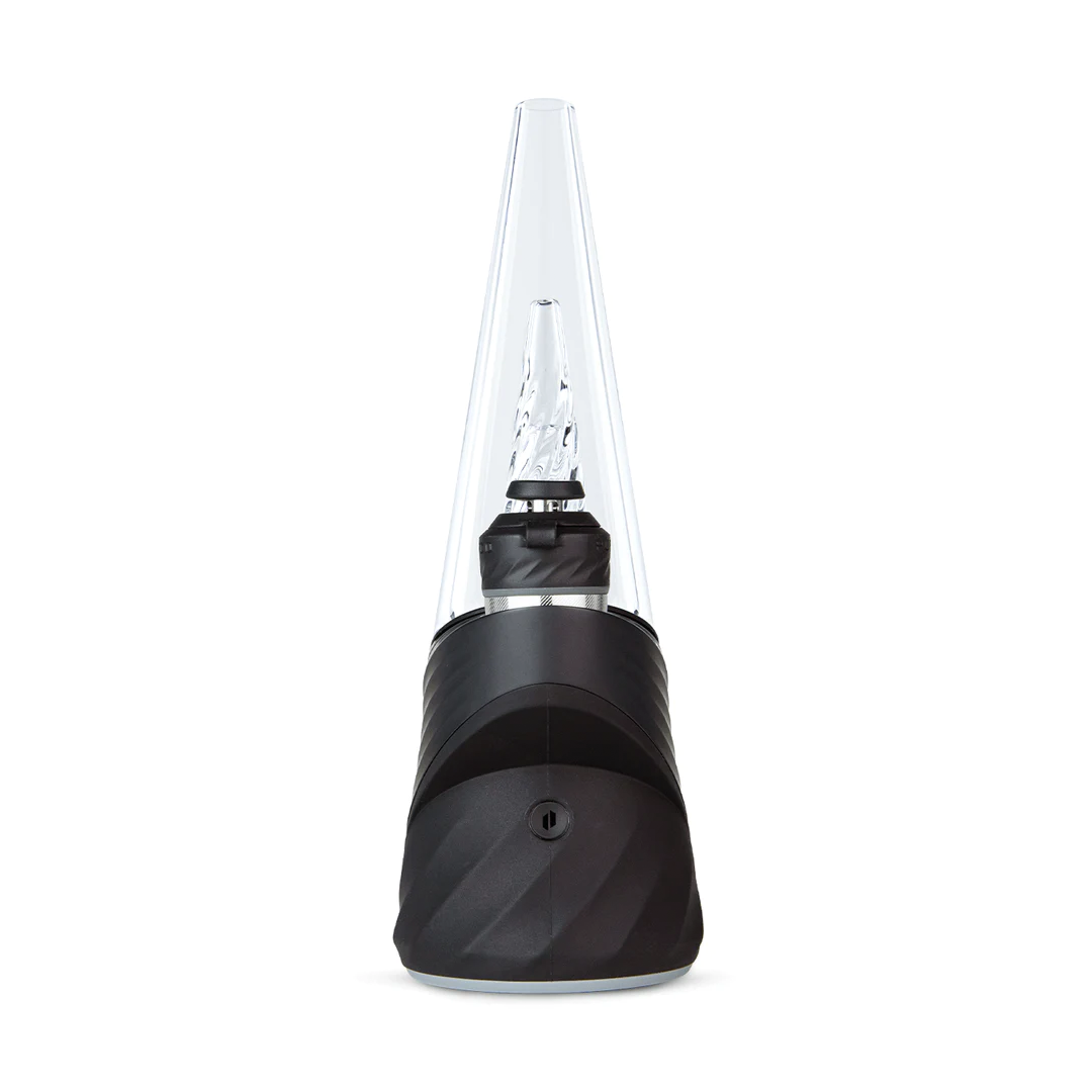Front view of the Puffco Peak Pro, showcasing its black, compact design and glass attachment. Front view of the Puffco Peak Pro, showcasing its black, compact design and glass attachment.