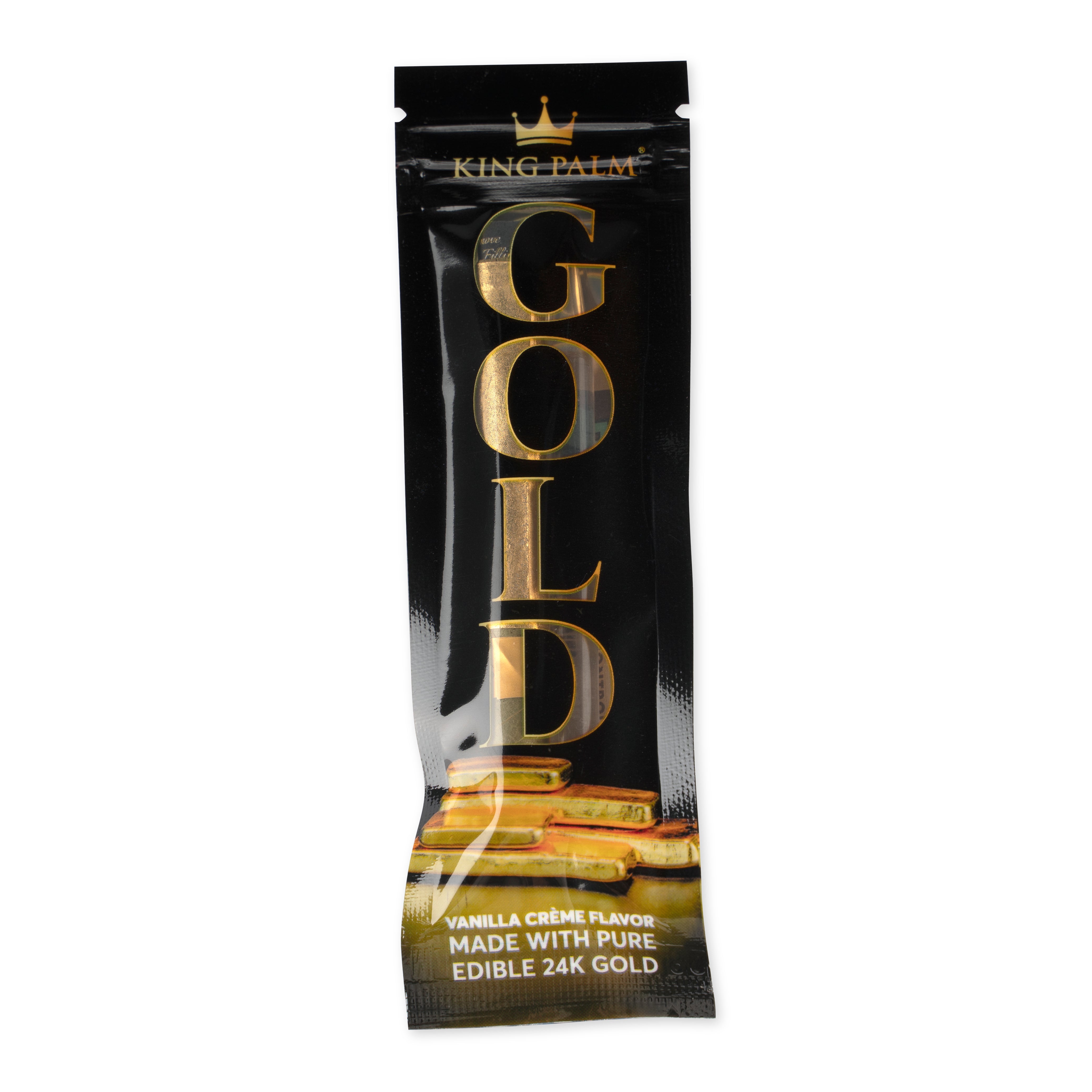 A vertical close-up of the Vanilla Gold Mini Flavor Pre Rolled Single Leaf Tubes, showing the gold-colored packaging. A vertical close-up of the Vanilla Gold Mini Flavor Pre Rolled Single Leaf Tubes, showing the gold-colored packaging.