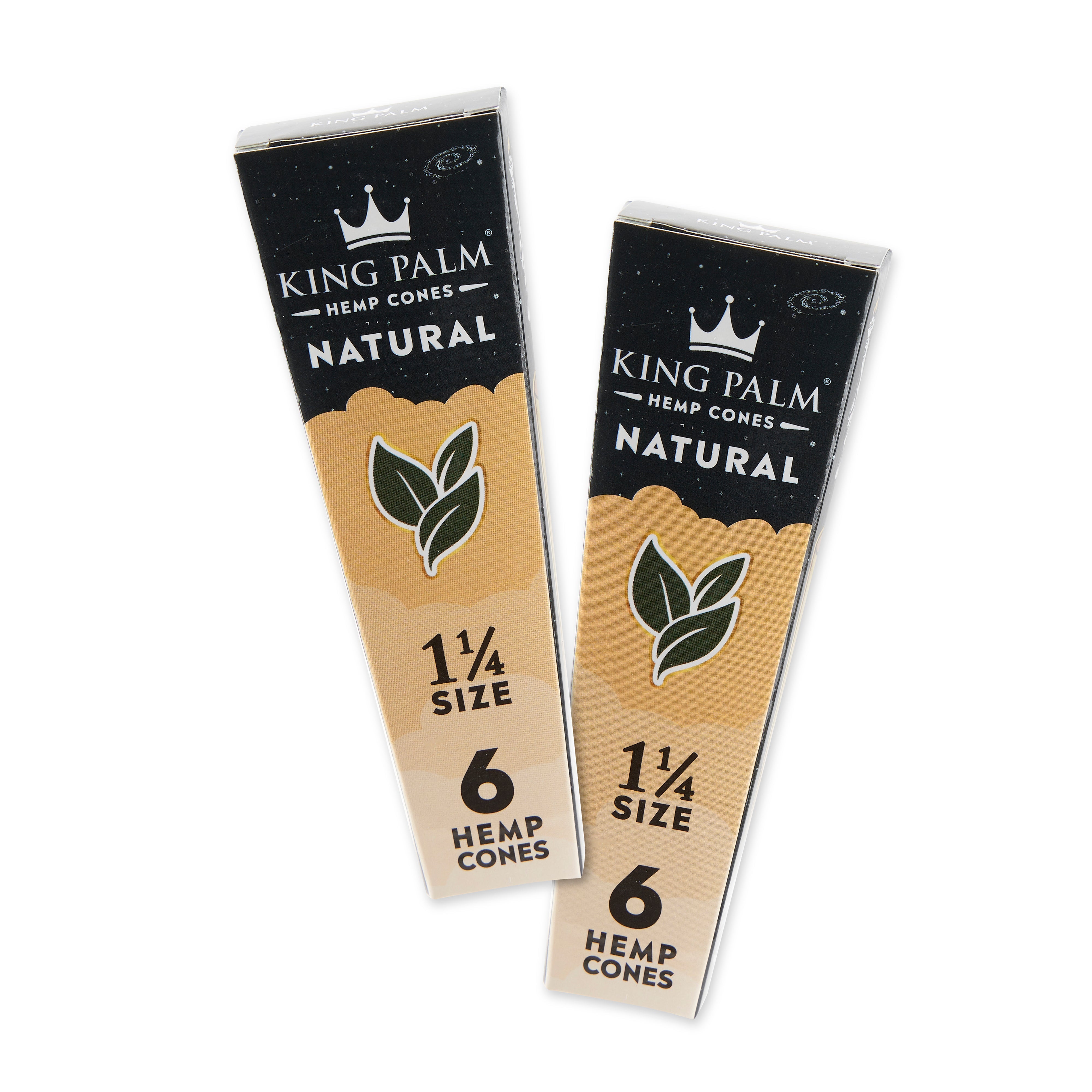 A close-up, angled view of 1-1/4 Size Natural Pre Rolled Hemp Cones, showing two packs of six cones against a plain white backdrop. A close-up, angled view of 1-1/4 Size Natural Pre Rolled Hemp Cones, showing two packs of six cones against a plain white backdrop.