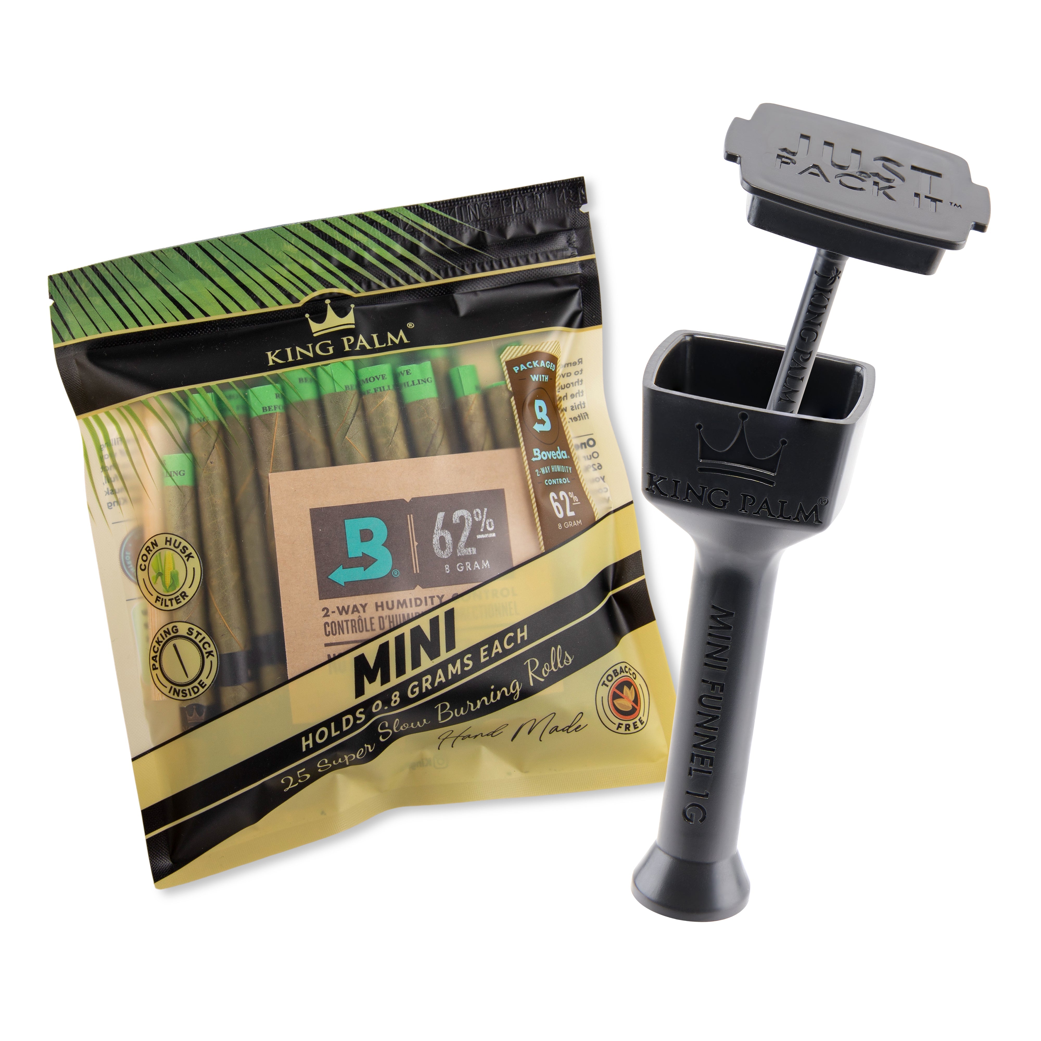 A close-up of the packaging for Mini Natural Pre Roll Palm Leaf Tubes With Funnel - 25 Pack, displaying branding and product details on a black background. A close-up of the packaging for Mini Natural Pre Roll Palm Leaf Tubes With Funnel - 25 Pack, displaying branding and product details on a black background.