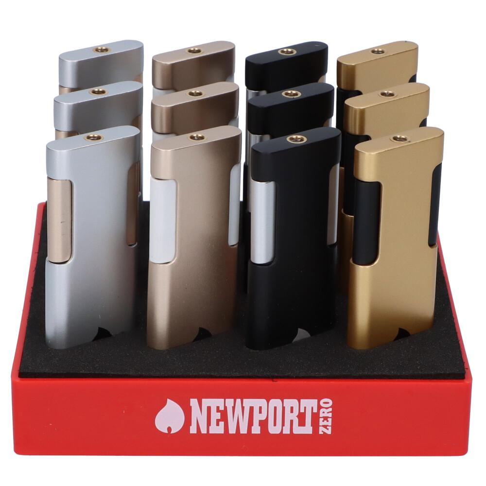 A stacked, angled view of several silver Zero Thin Windproof Torch Lighters on a black display surface. A stacked, angled view of several silver Zero Thin Windproof Torch Lighters on a black display surface.
