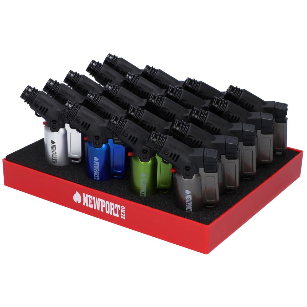 A lineup of silver Zero Side Torch Lighters against a black backdrop, displayed in a slightly angled, top-down view. A lineup of silver Zero Side Torch Lighters against a black backdrop, displayed in a slightly angled, top-down view.