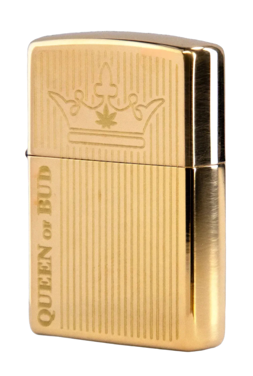A front view of the Queen of Bud Golden Vertical Flame Zippo, showcasing its vertically ribbed, gold-toned metal finish. A front view of the Queen of Bud Golden Vertical Flame Zippo, showcasing its vertically ribbed, gold-toned metal finish.