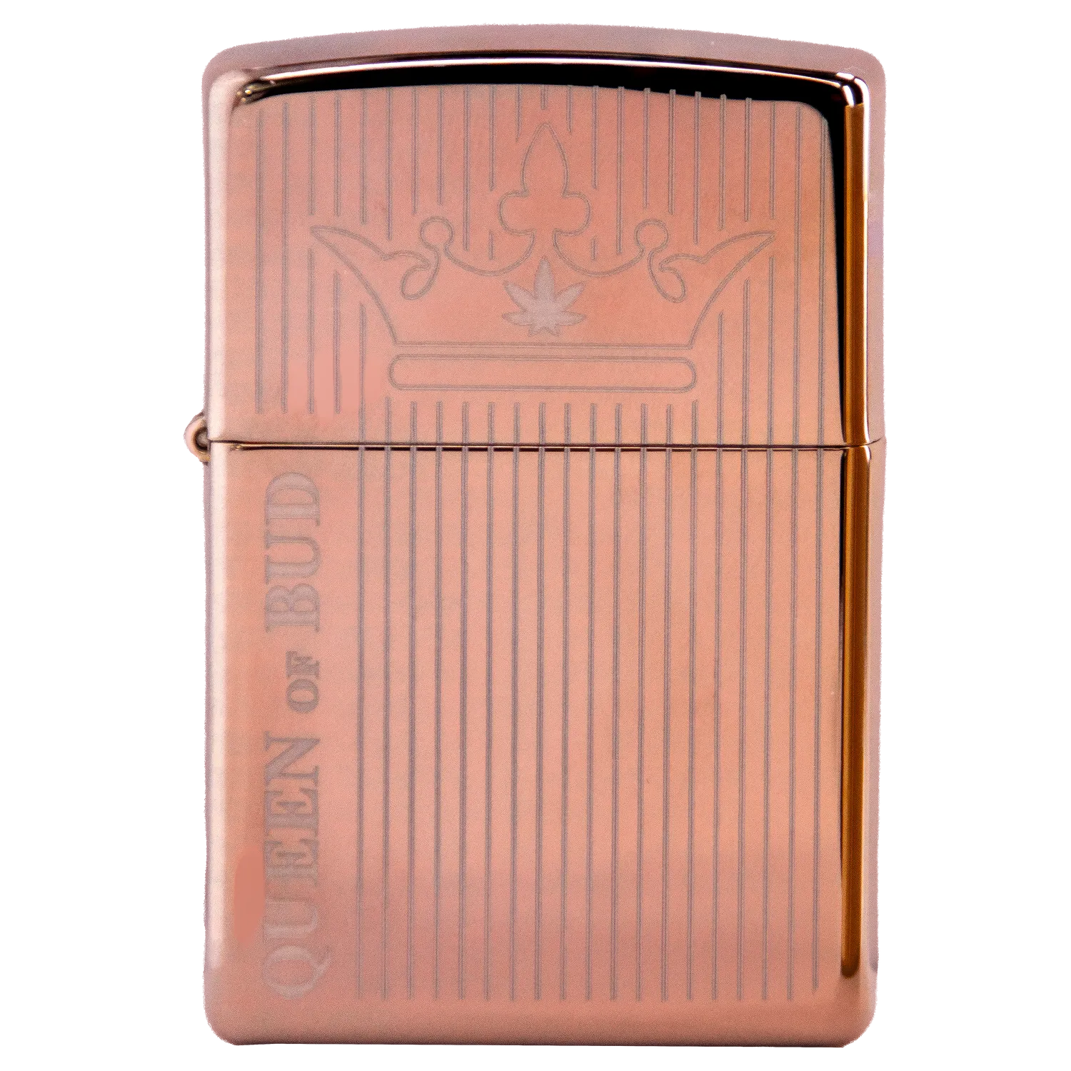 Front view of the Queen of Bud Rose Quartz Vertical Flame Zippo, showcasing its textured, vertical flame design. Front view of the Queen of Bud Rose Quartz Vertical Flame Zippo, showcasing its textured, vertical flame design.