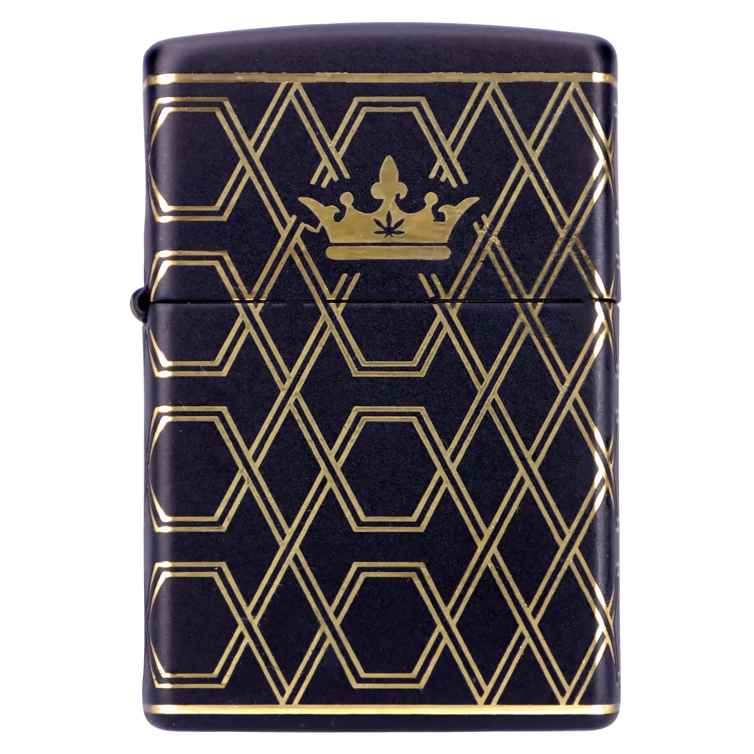 Front view of the Queen of Bud Black Obsidian Geometric Zippo, showcasing its sleek black finish and geometric design. Front view of the Queen of Bud Black Obsidian Geometric Zippo, showcasing its sleek black finish and geometric design.