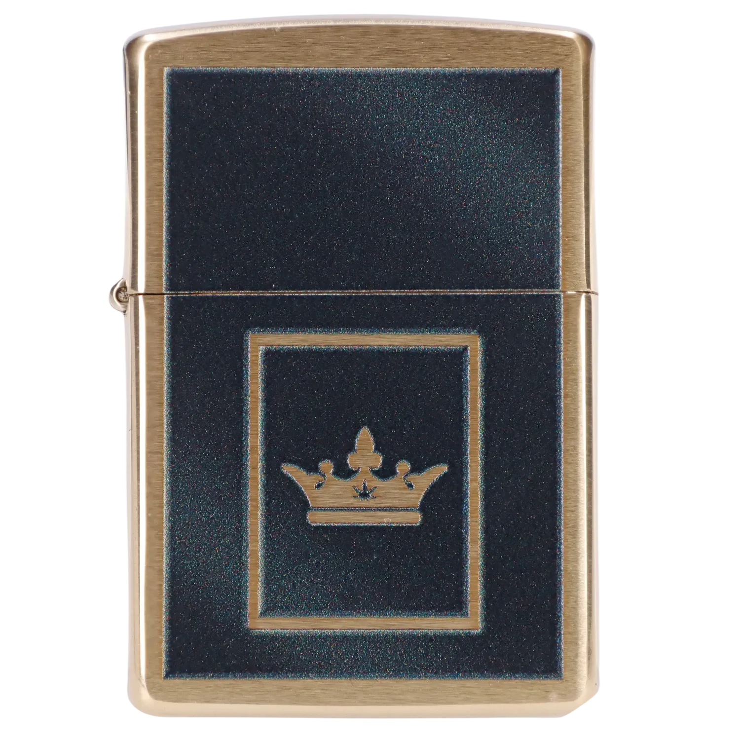 Front view of the Queen of Bud Black Obsidian Flame of Dreams Zippo, showcasing its sleek black design with gold-toned accents. Front view of the Queen of Bud Black Obsidian Flame of Dreams Zippo, showcasing its sleek black design with gold-toned accents.