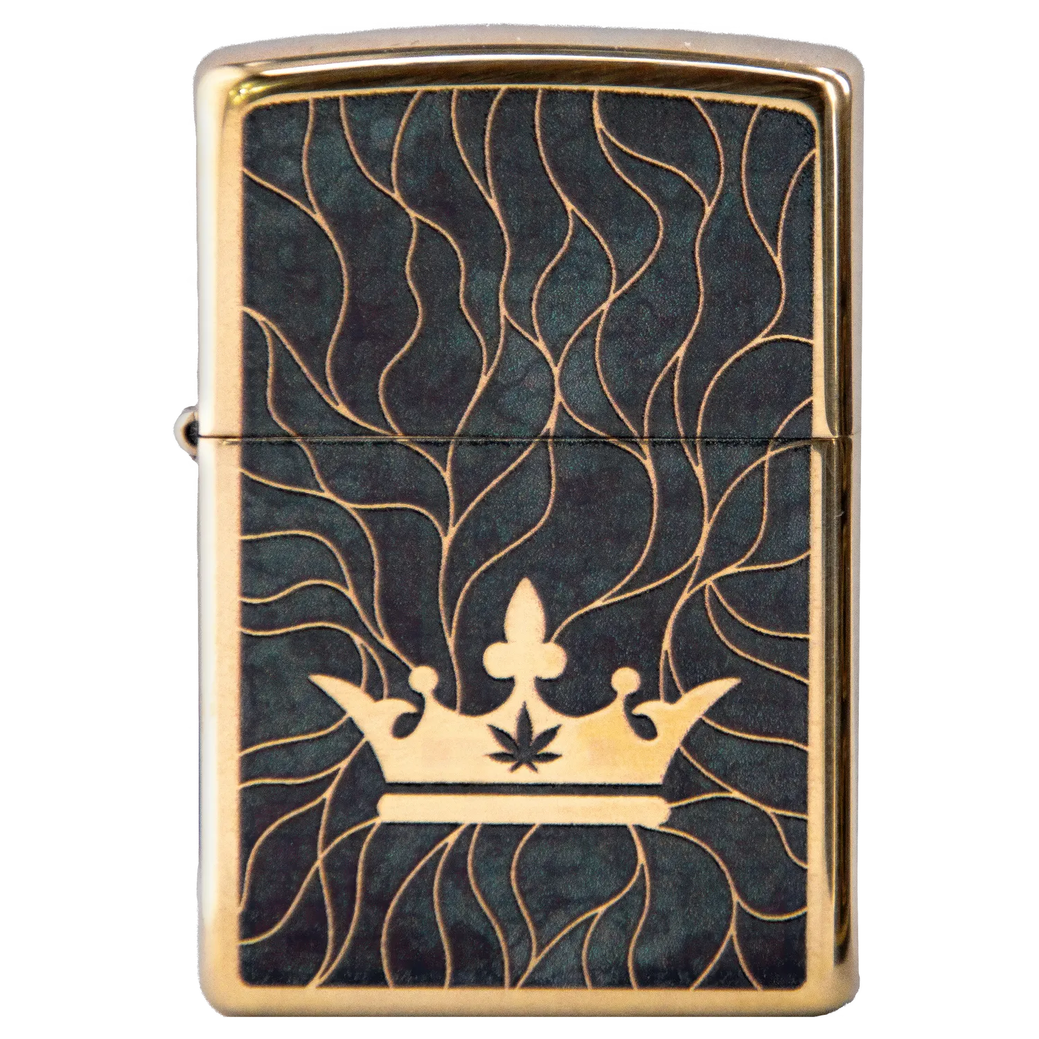 Front view of the Queen of Bud Black Obsidian Mosaic Zippo, showcasing a patterned black and silver mosaic design. Front view of the Queen of Bud Black Obsidian Mosaic Zippo, showcasing a patterned black and silver mosaic design.