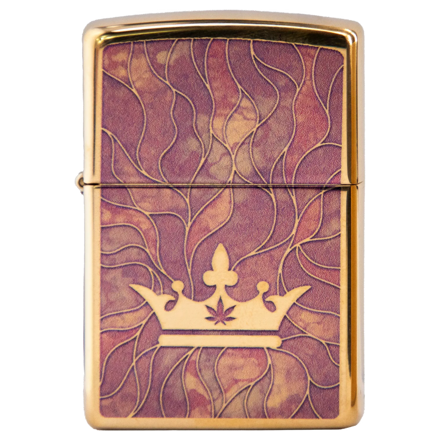Front view of the Queen of Bud Rose Quartz Mosaic Zippo, showcasing a patterned, metallic finish on the lighter’s casing. Front view of the Queen of Bud Rose Quartz Mosaic Zippo, showcasing a patterned, metallic finish on the lighter’s casing.