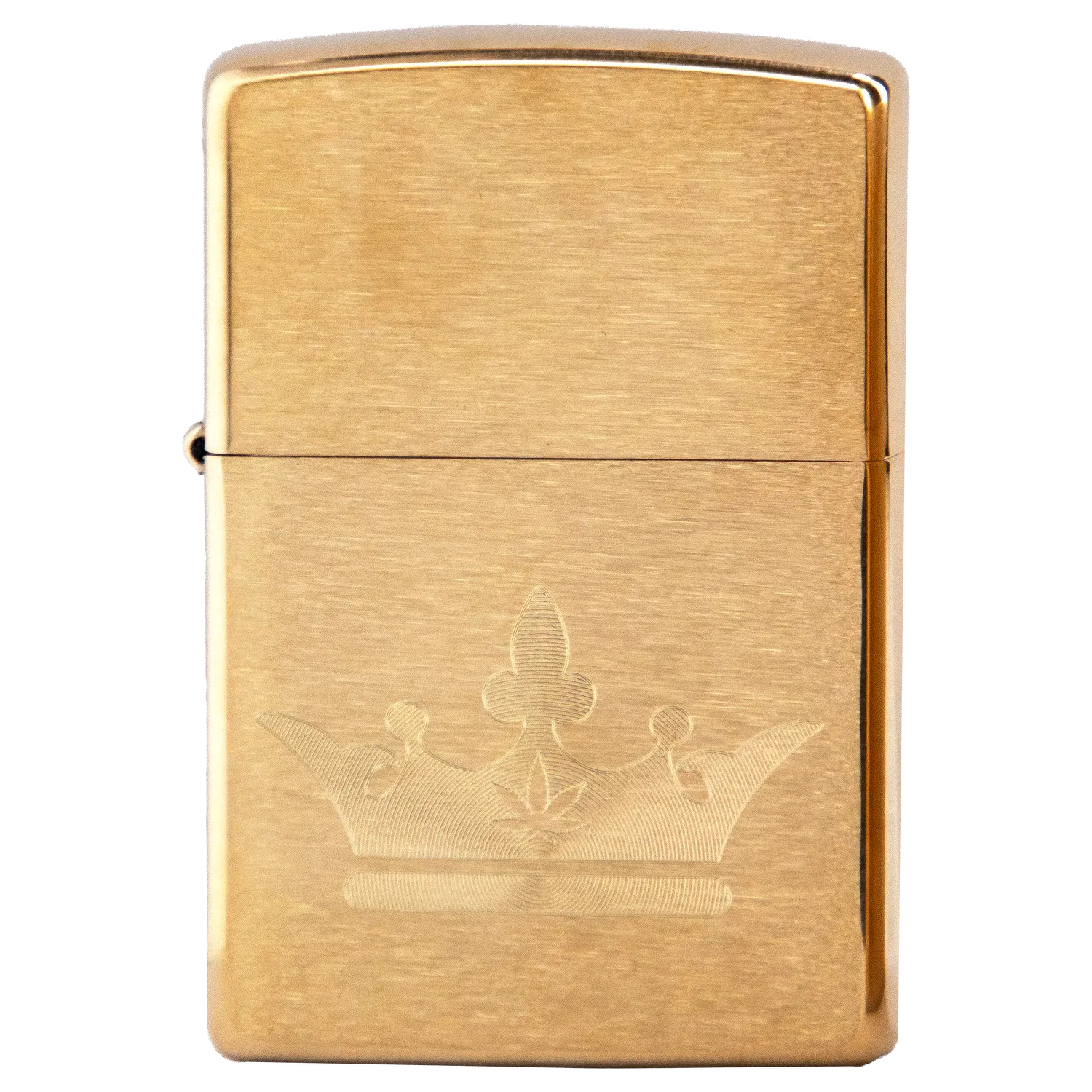 Front view of the Queen of Bud Golden Legacy Zippo, showing its metallic gold finish and rectangular shape. Front view of the Queen of Bud Golden Legacy Zippo, showing its metallic gold finish and rectangular shape.