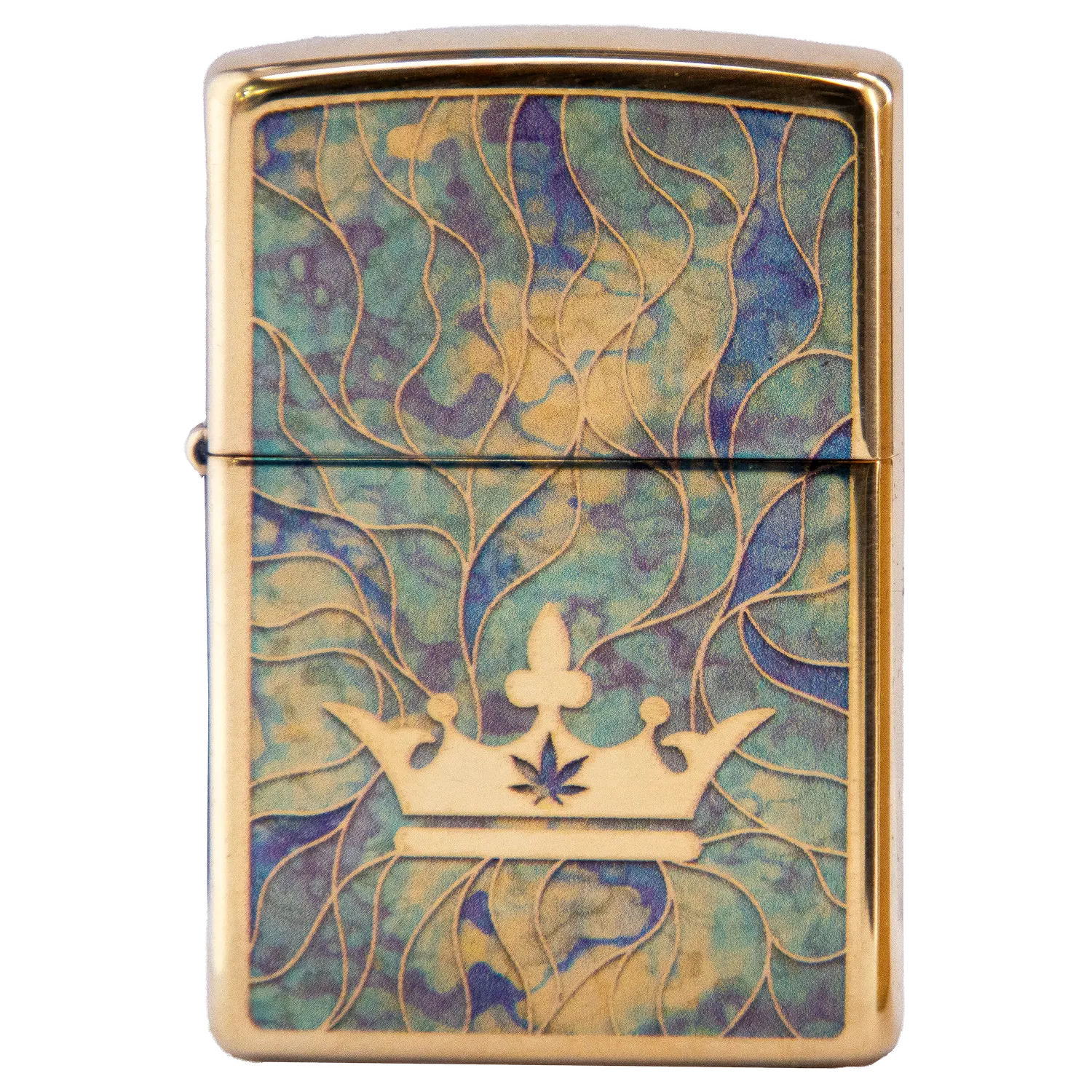 Front view of the Queen of Bud Blue Topaz Mosaic Zippo, featuring a blue and gold mosaic design on its metallic casing. Front view of the Queen of Bud Blue Topaz Mosaic Zippo, featuring a blue and gold mosaic design on its metallic casing.