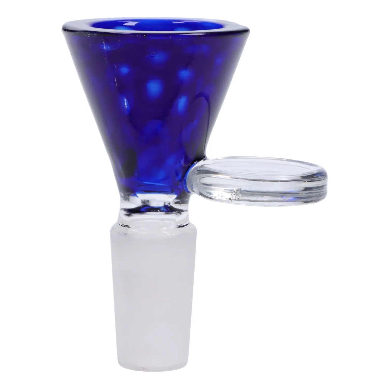 A close-up view of the Wig Wag Bowl with Spiky Horn, featuring a blue glass construction and a male 14mm joint. A close-up view of the Wig Wag Bowl with Spiky Horn, featuring a blue glass construction and a male 14mm joint.