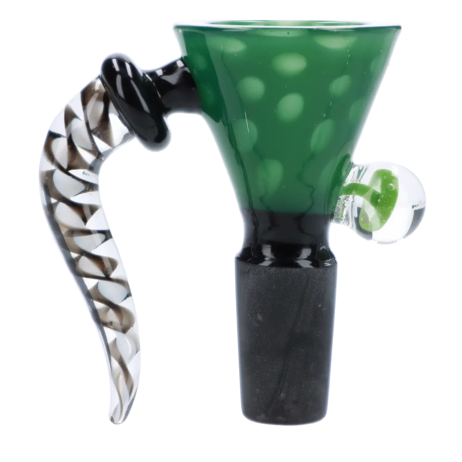 A close-up shows the Mushroom Marble Bowl with Long Handle – Male 14mm, featuring a green marbled glass bowl and long, clear handle. A close-up shows the Mushroom Marble Bowl with Long Handle – Male 14mm, featuring a green marbled glass bowl and long, clear handle.