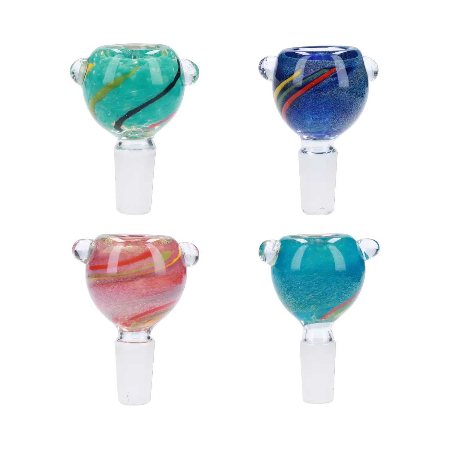 A close-up, angled view of the Frit Color Bowl - Male 14mm, showcasing its colorful frit pattern and clear glass construction. A close-up, angled view of the Frit Color Bowl - Male 14mm, showcasing its colorful frit pattern and clear glass construction.