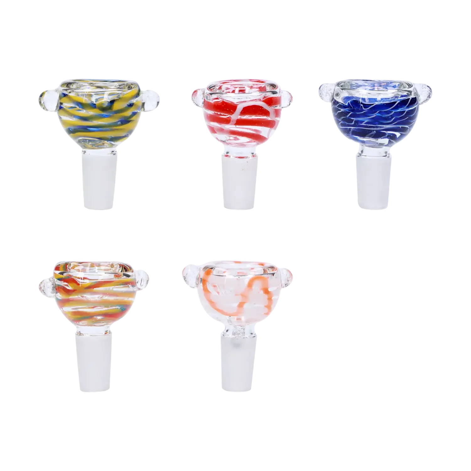 Front view of the Striped Bowl - Male 14mm, a glass bowl with colorful stripes, isolated on a white background. Front view of the Striped Bowl - Male 14mm, a glass bowl with colorful stripes, isolated on a white background.