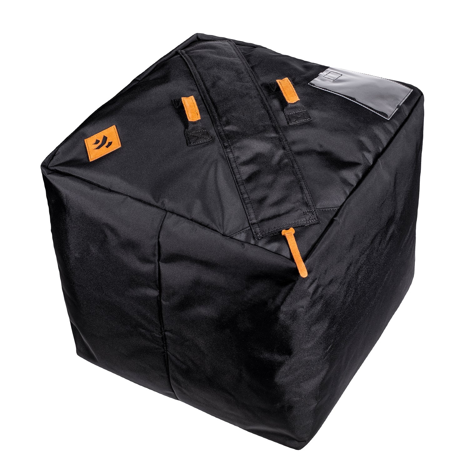 A slightly angled view of The Courier - Smell Proof Box Bag, showing a dark, closed container with orange pull tabs. A slightly angled view of The Courier - Smell Proof Box Bag, showing a dark, closed container with orange pull tabs.